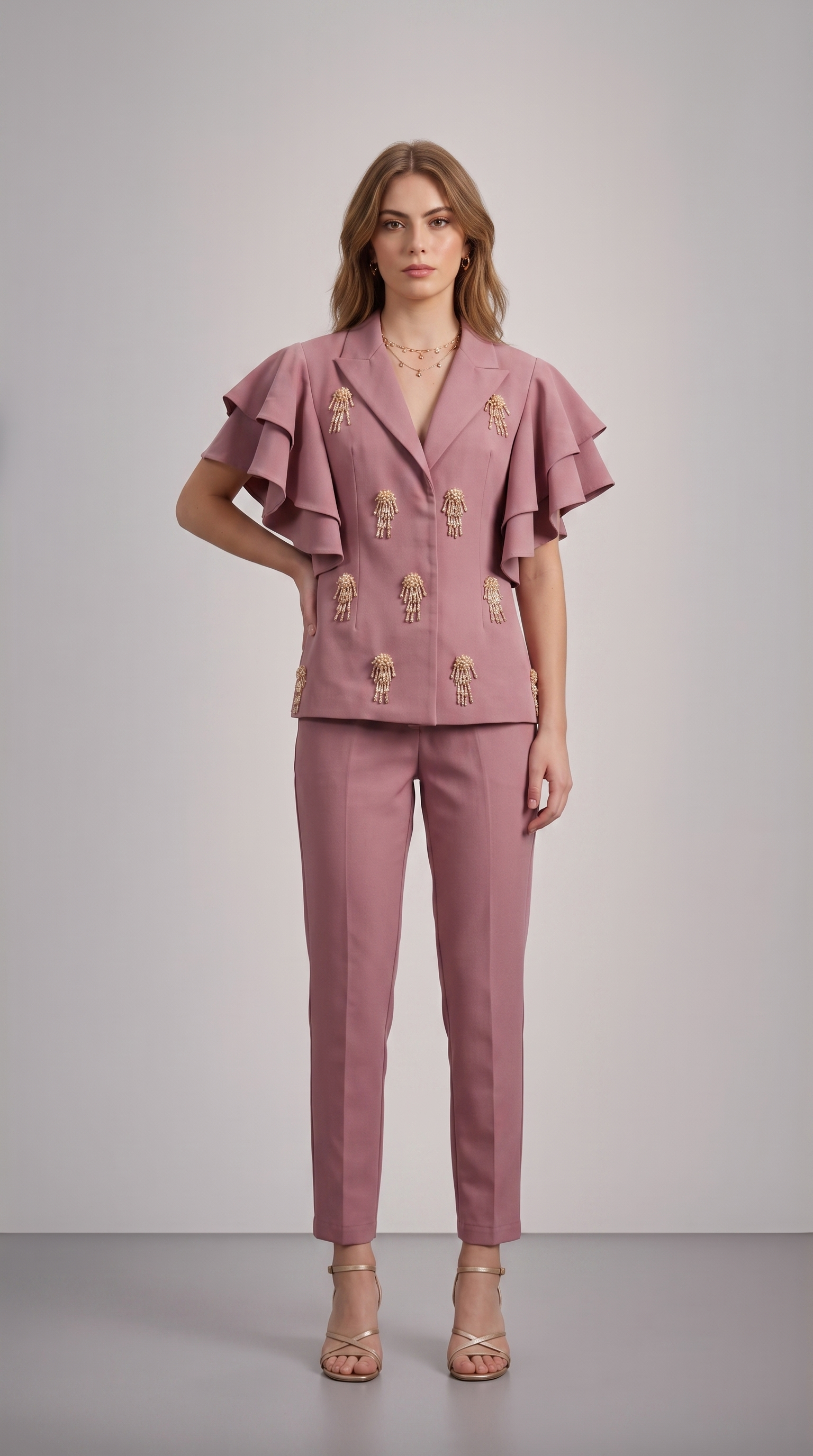 APRICOT EMBELLISHED RUFFLE SUIT SET - SALE