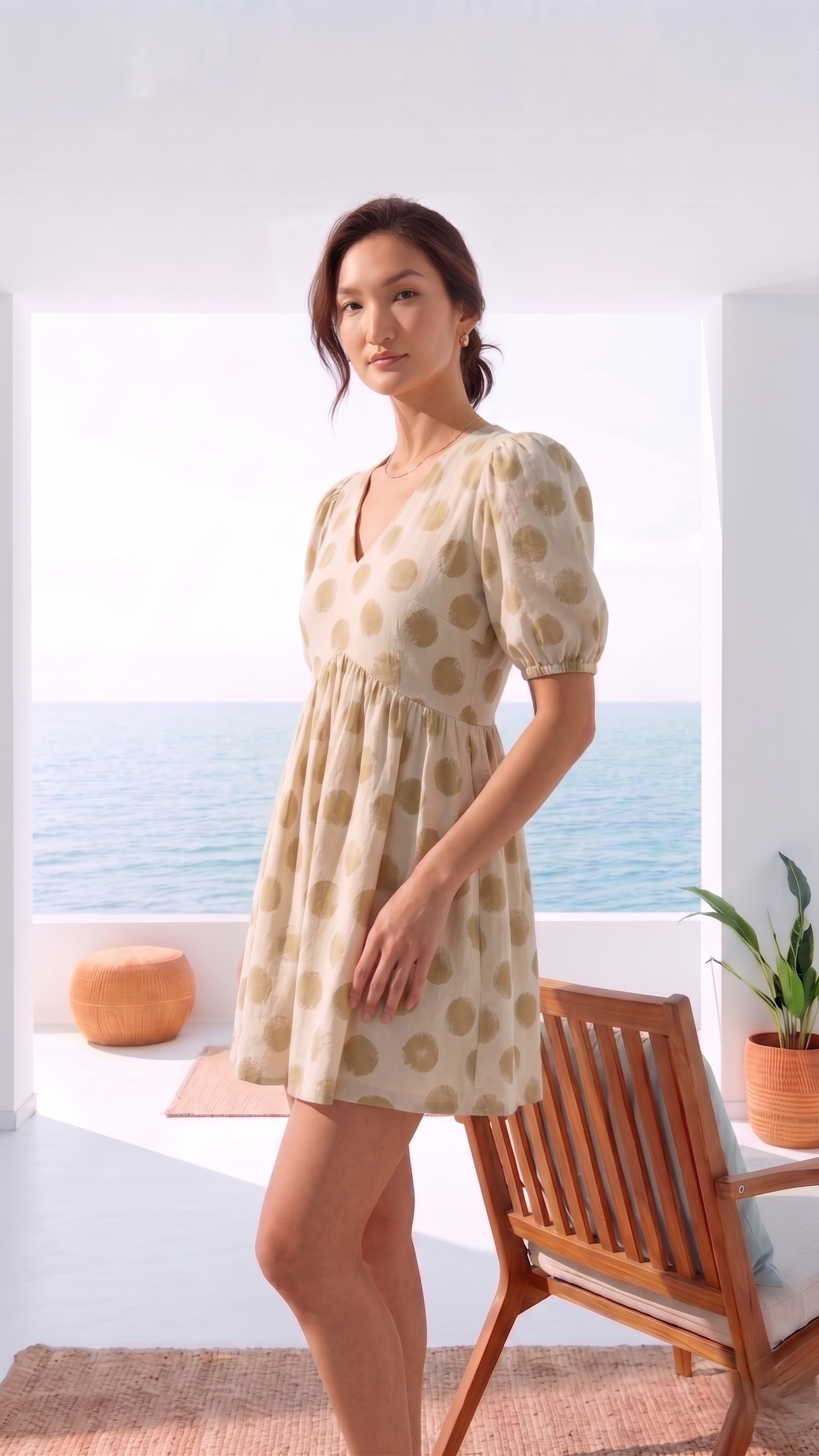 CREAM POLKA GATHERED DRESS