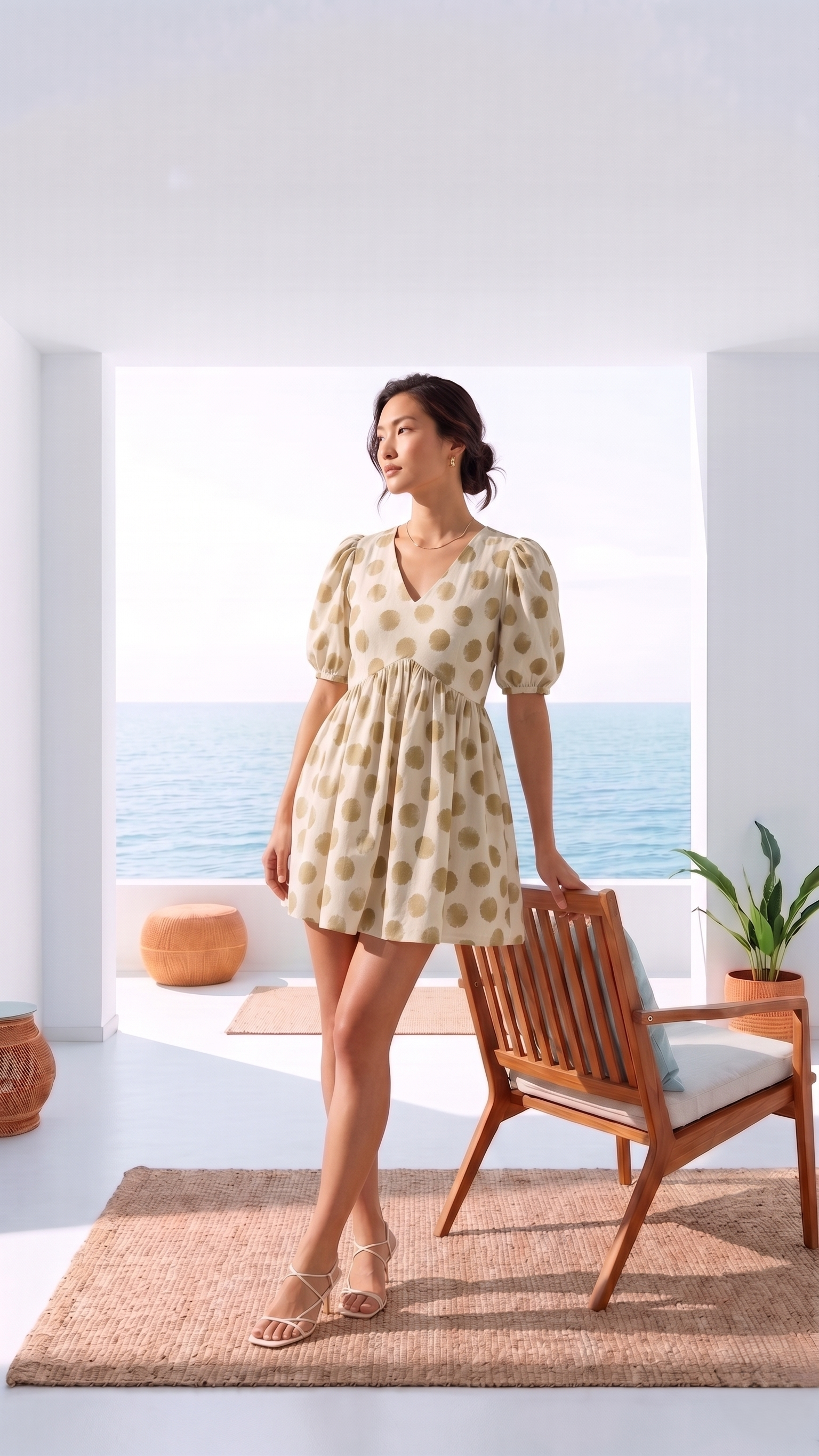 CREAM POLKA GATHERED DRESS
