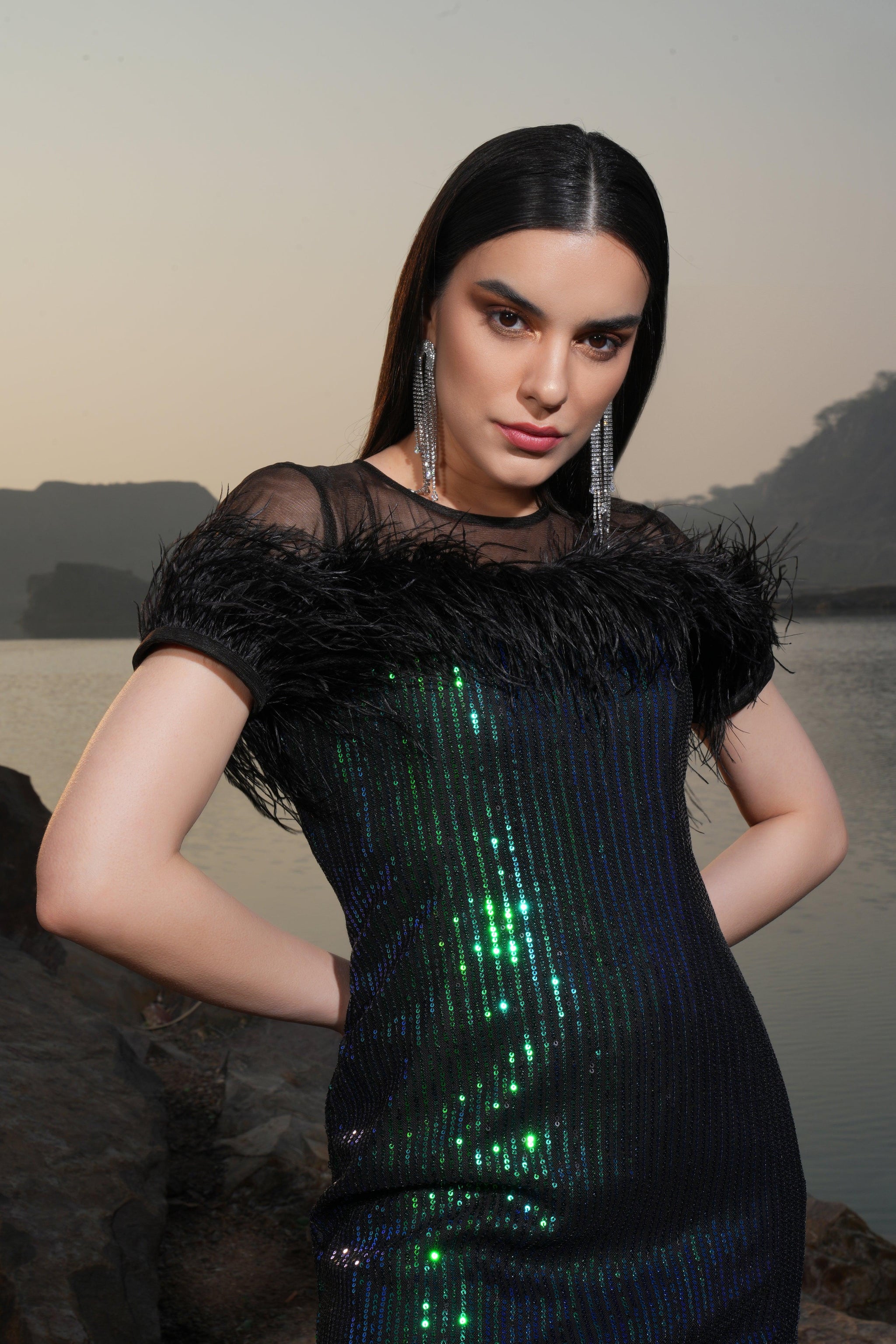 BLACK RAINBOW SEQUIN FEATHER DRESS