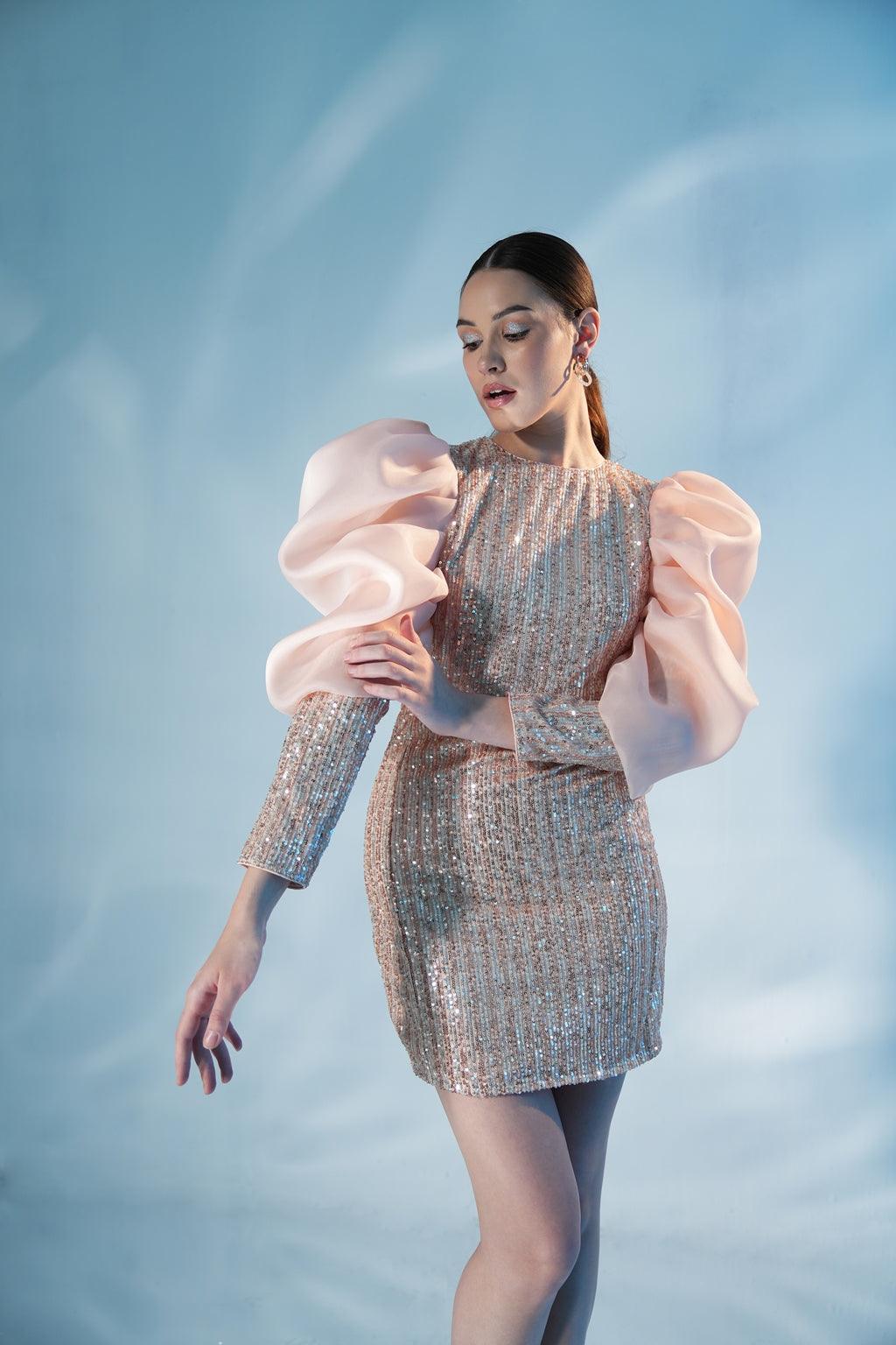 CHAMPAGNE SEQUIN ORGANZA DRESS