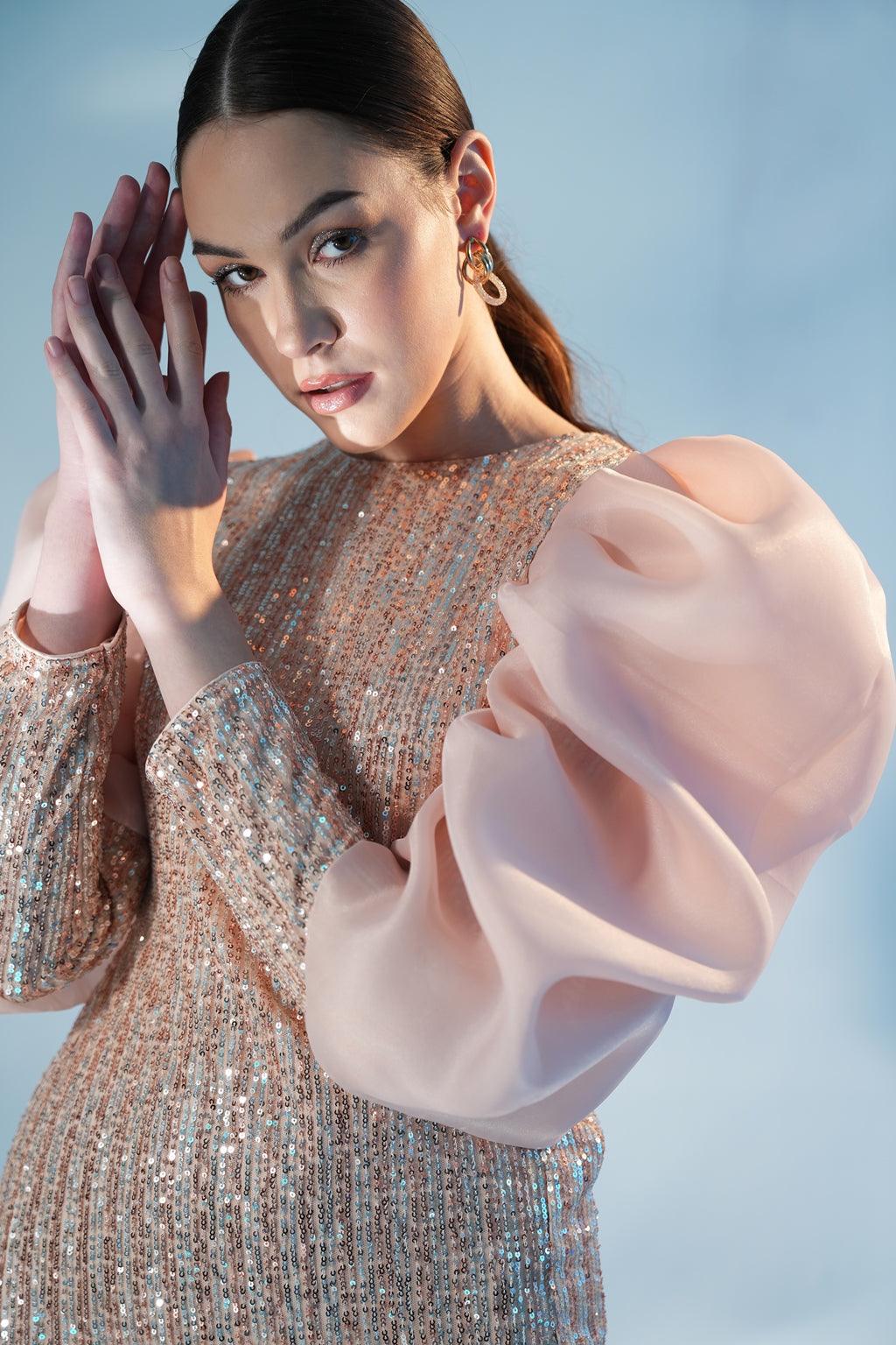 CHAMPAGNE SEQUIN ORGANZA DRESS