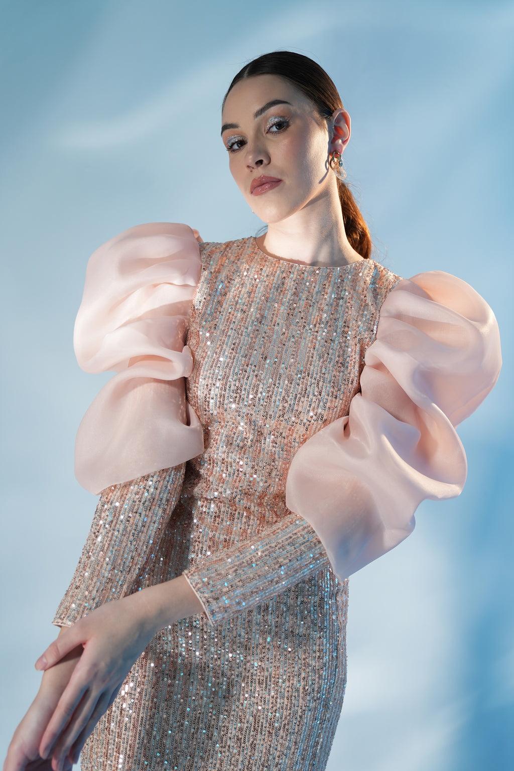 CHAMPAGNE SEQUIN ORGANZA DRESS