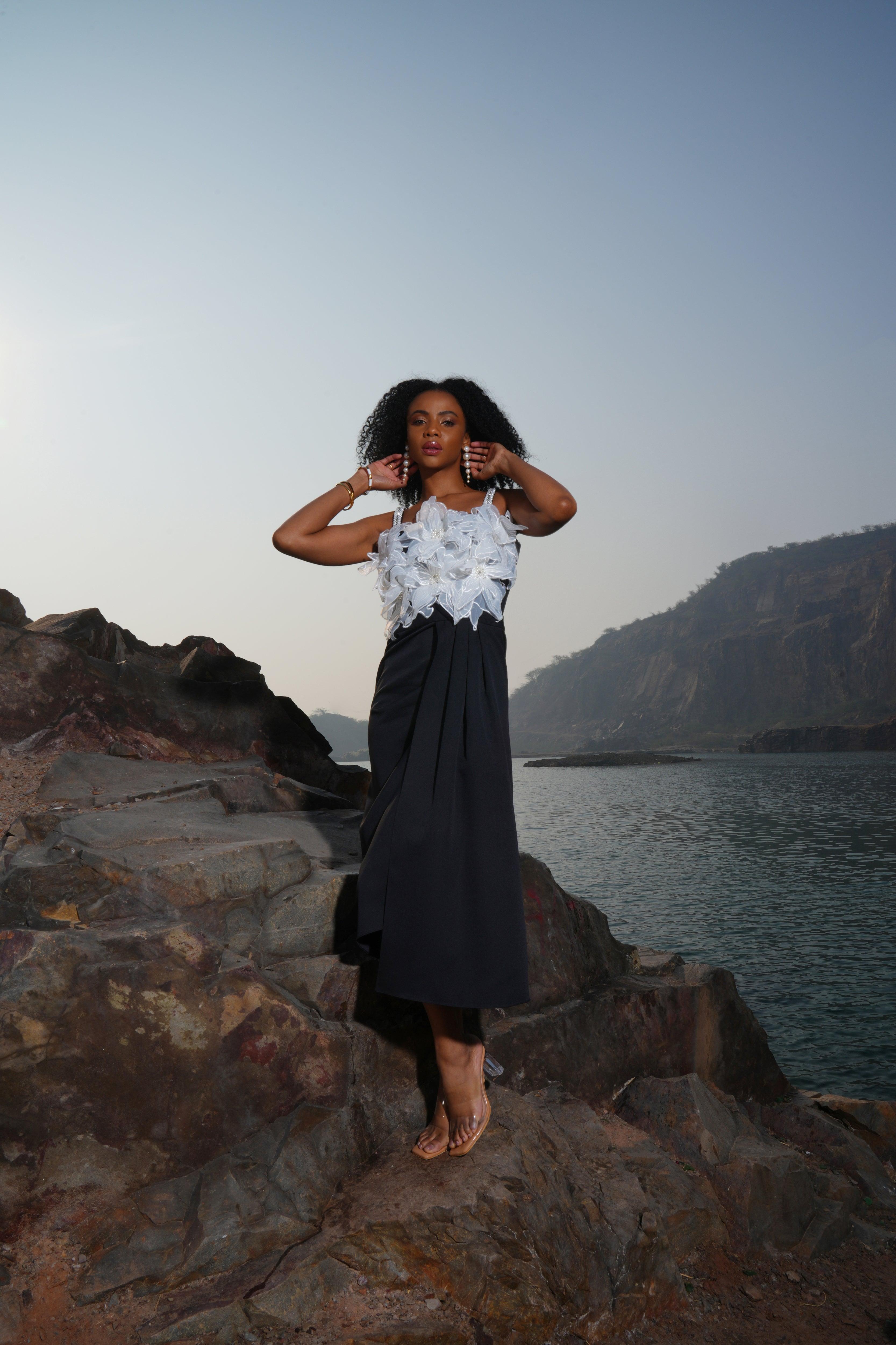 IVORY AND BLACK DRAPED DRESS