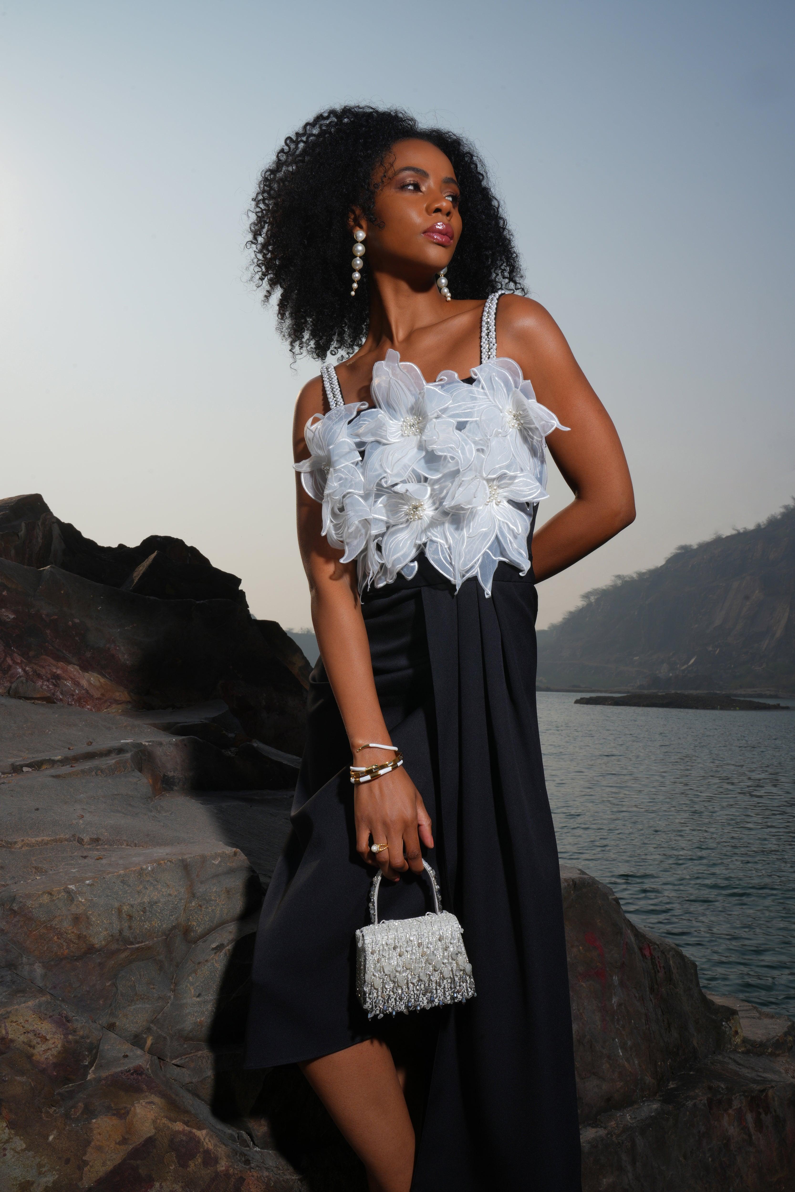IVORY AND BLACK DRAPED DRESS