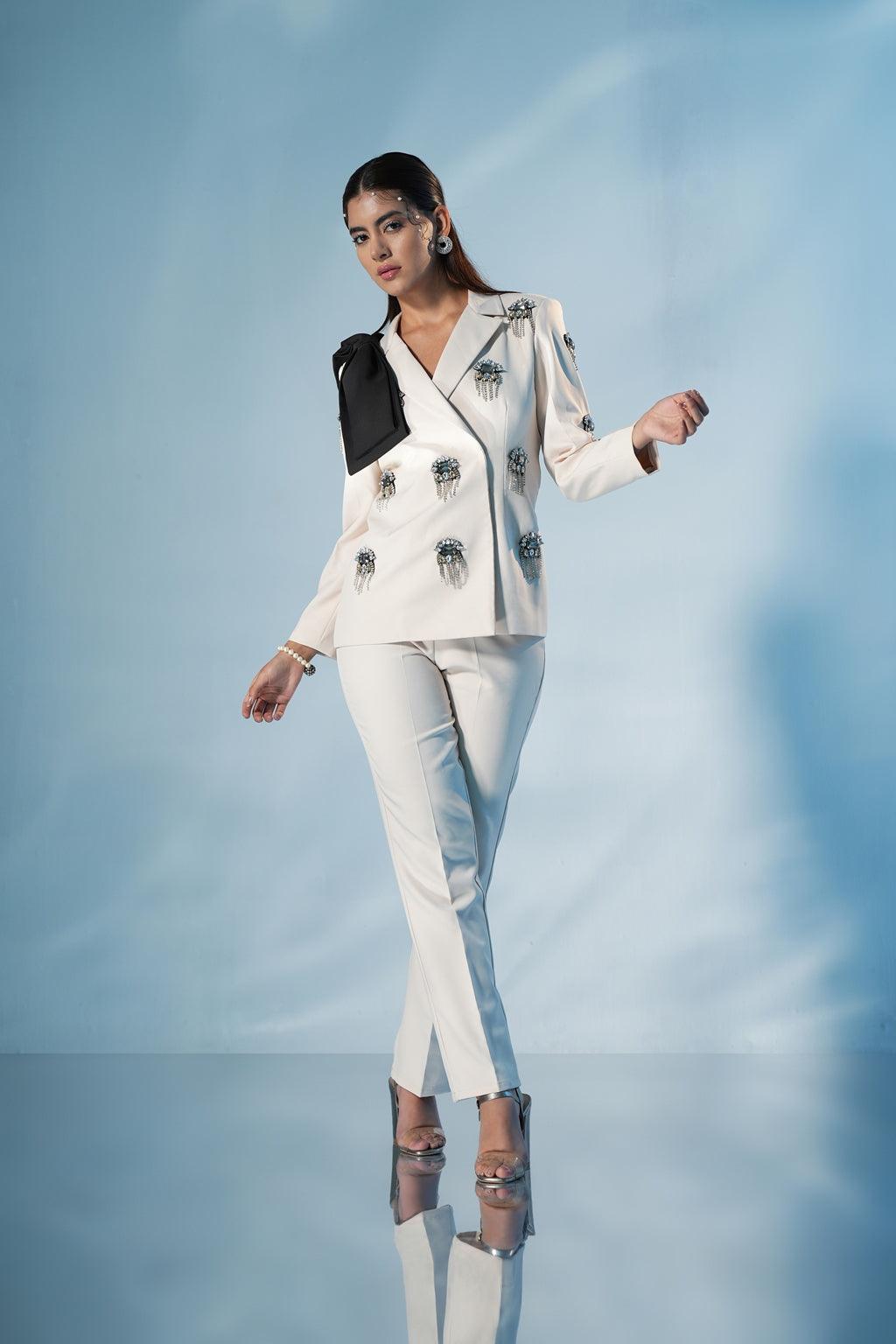 CREAM EMBELLISHED BOW SUIT - SALE