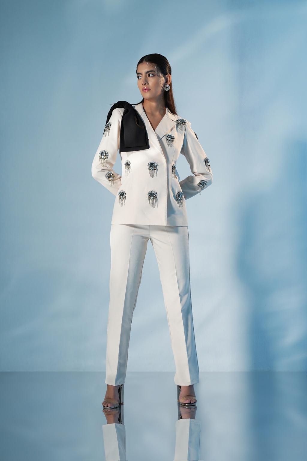 CREAM EMBELLISHED BOW SUIT - SALE