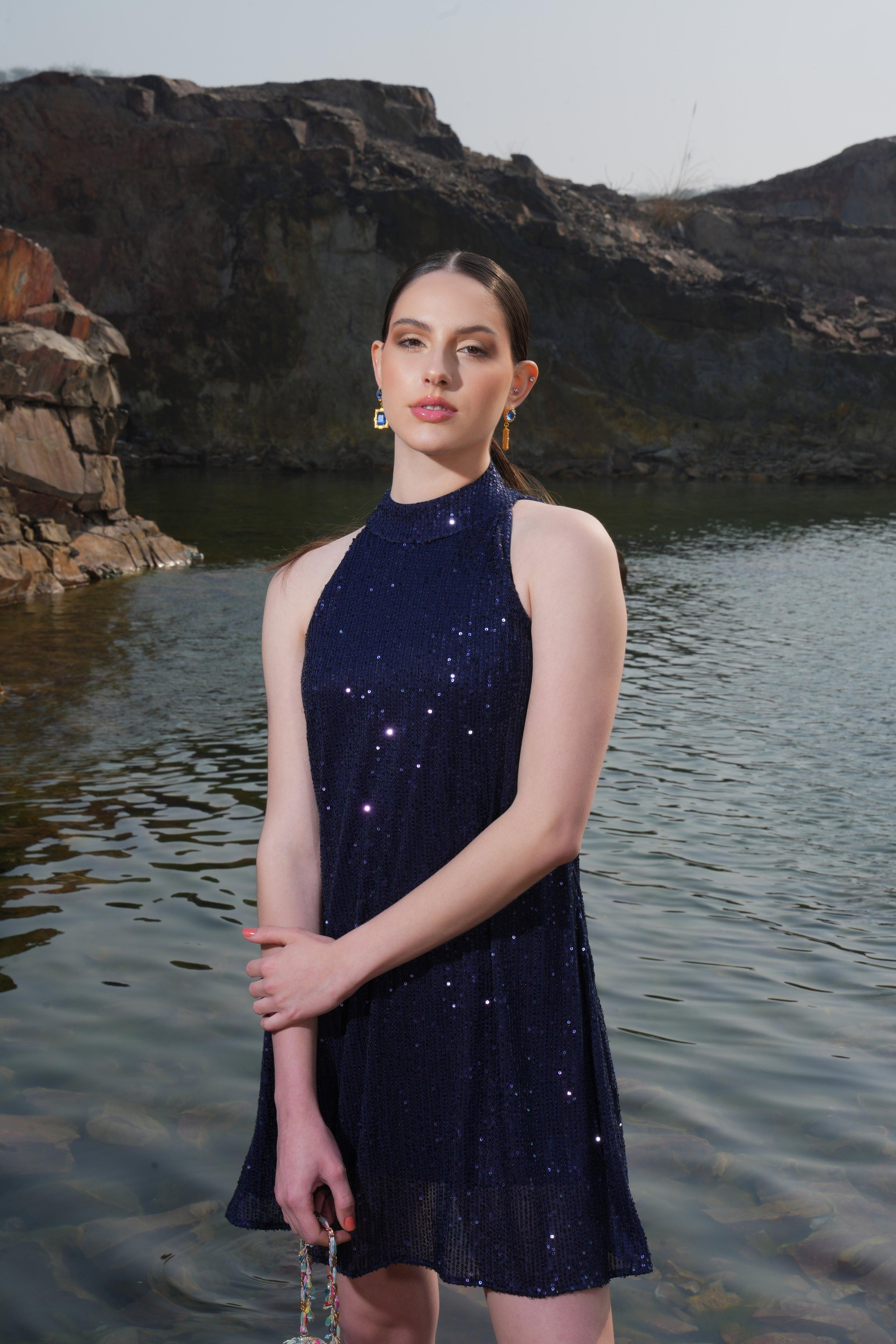 NAVY SEQUIN FLARE DRESS - SALE