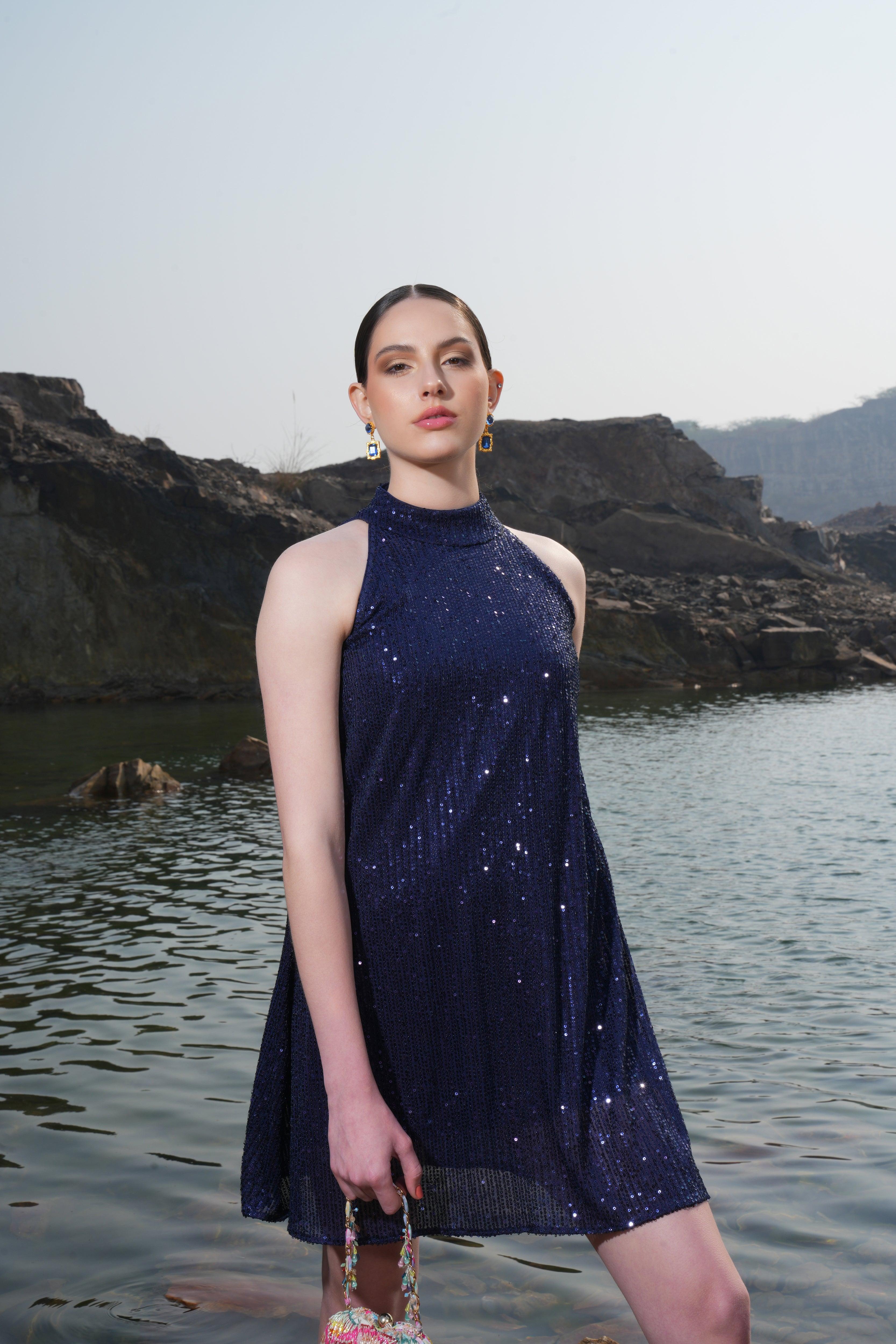 NAVY SEQUIN FLARE DRESS - SALE