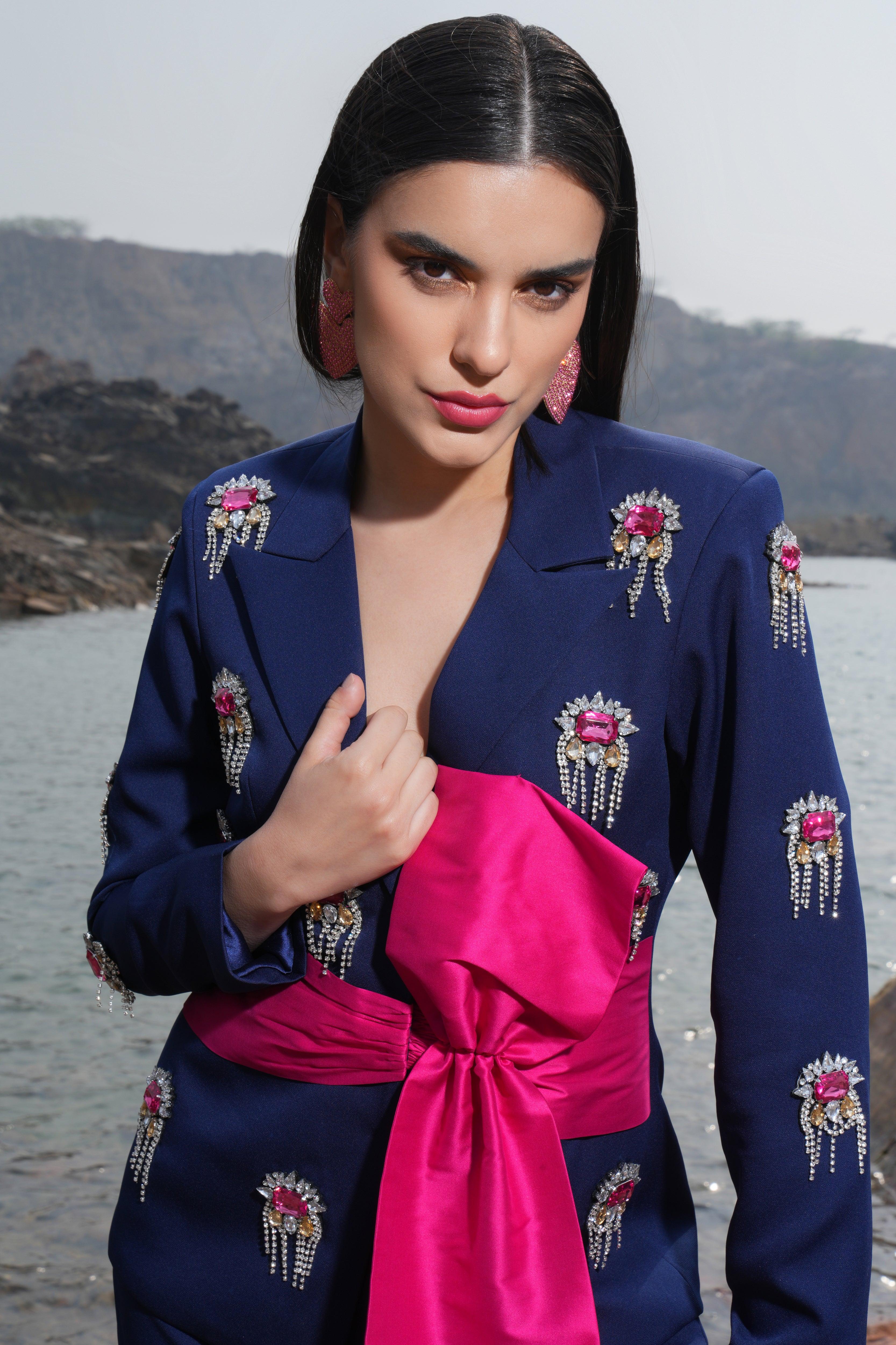 NAVY EMBELLISHED BOW SUIT