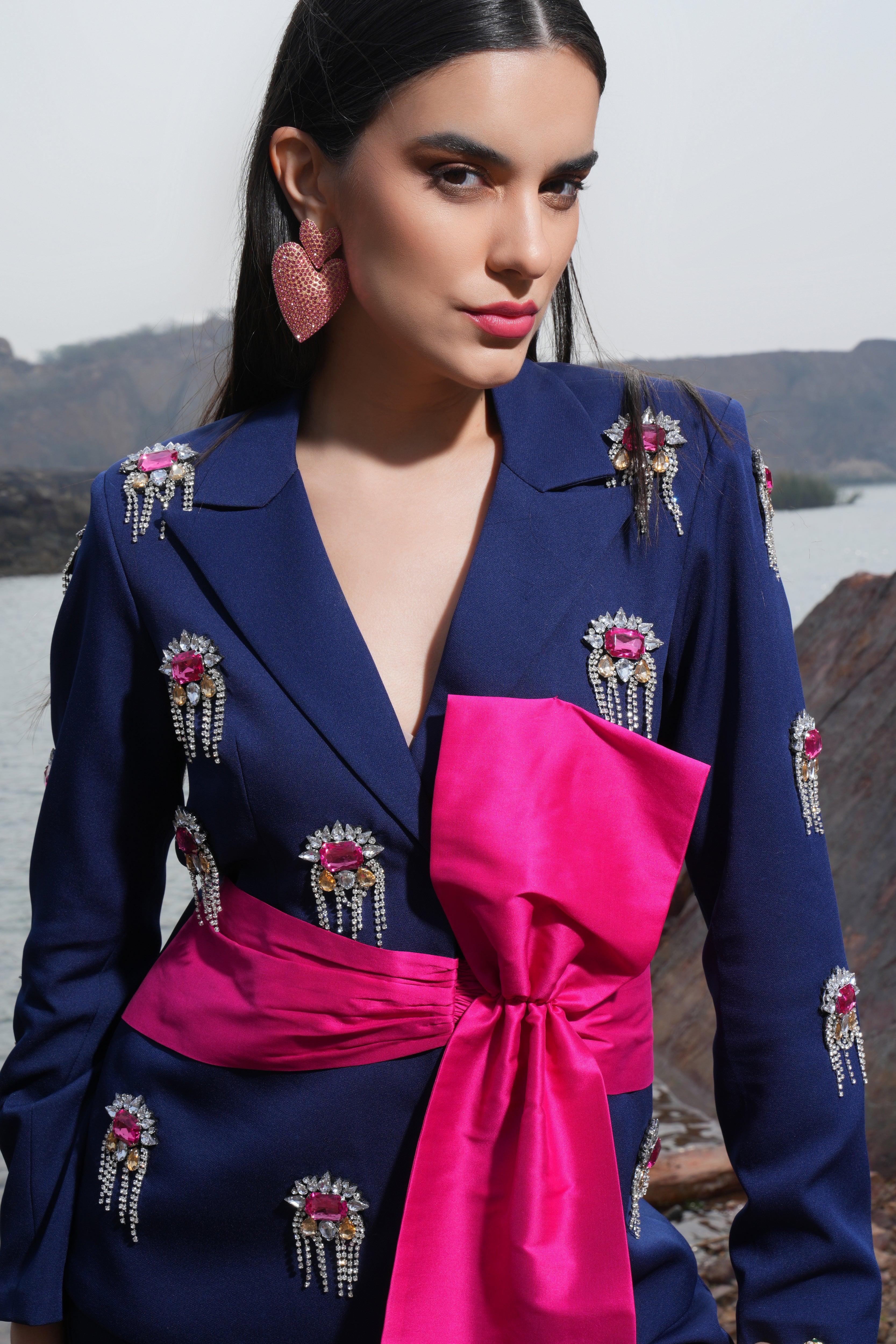 NAVY EMBELLISHED BOW SUIT