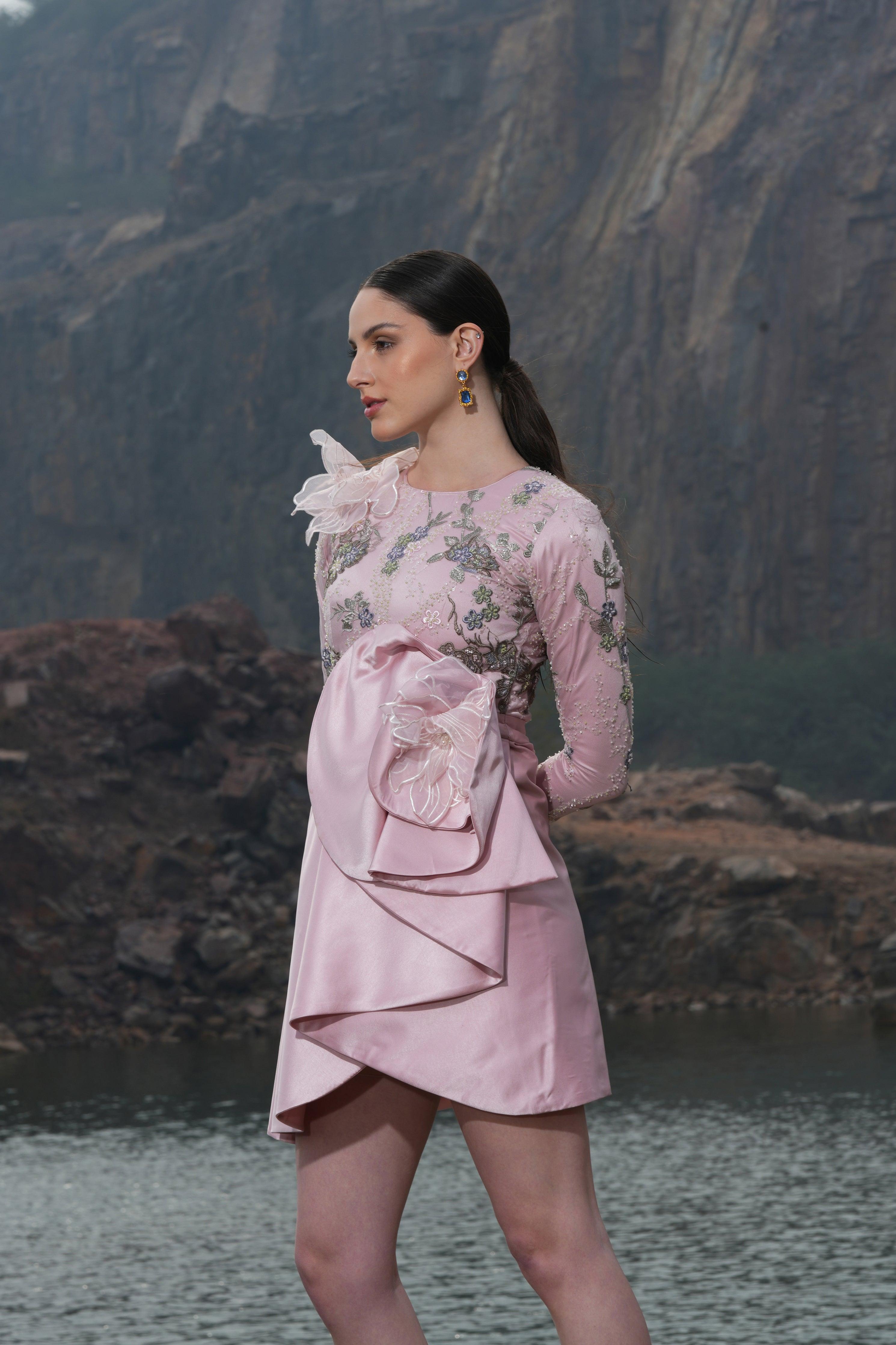 PINK FLORAL DRAPE DRESS