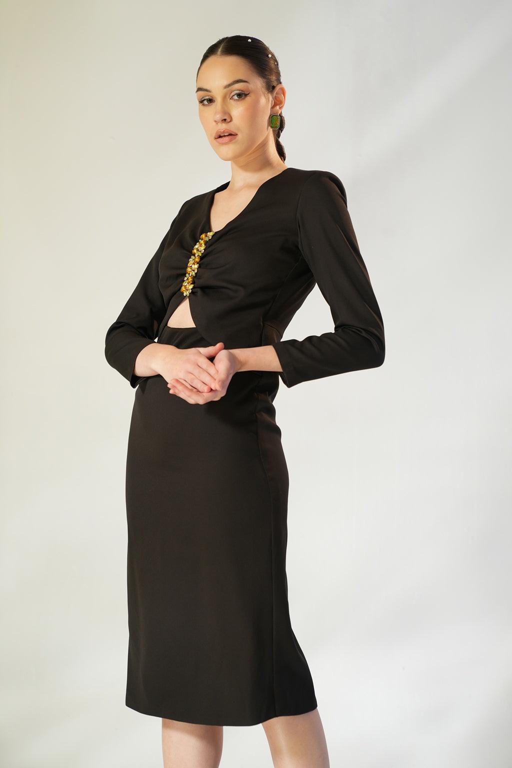 BLACK GATHERED EMBELLISHED NECK DRESS