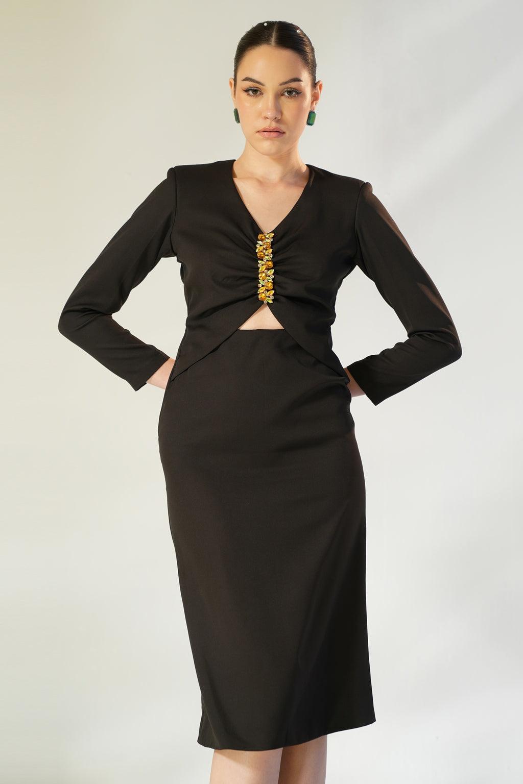 BLACK GATHERED EMBELLISHED NECK DRESS