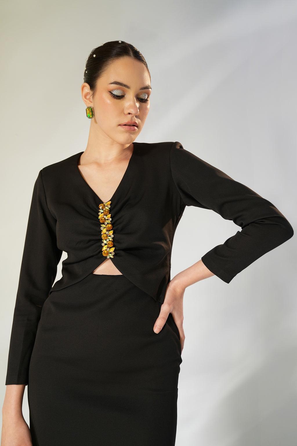 BLACK GATHERED EMBELLISHED NECK DRESS