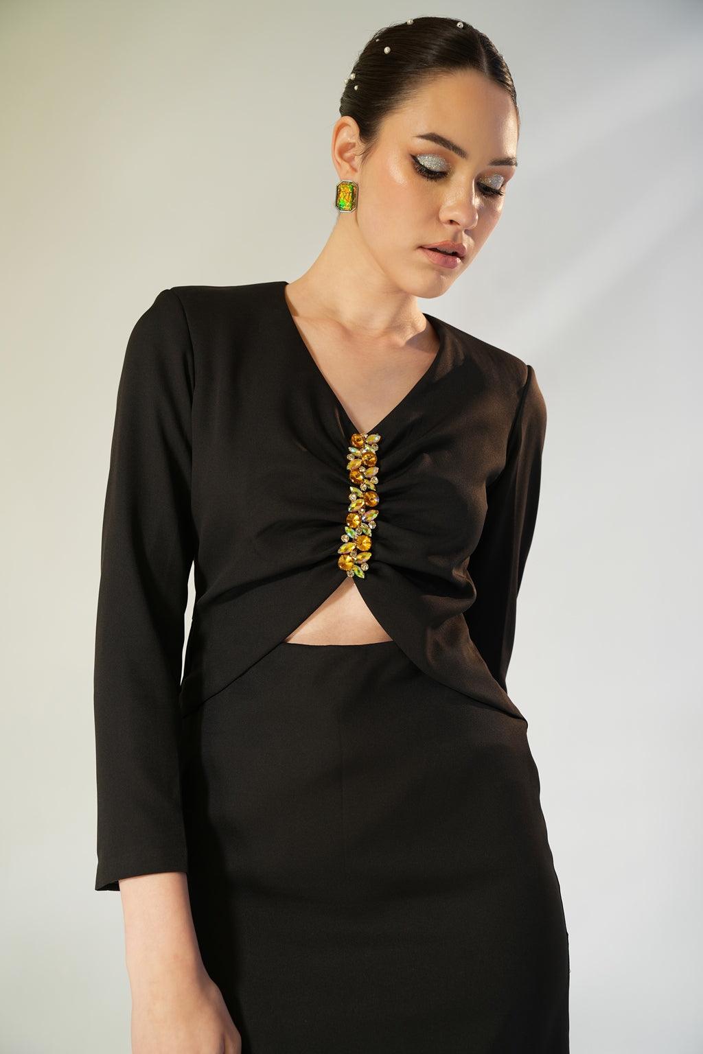 BLACK GATHERED EMBELLISHED NECK DRESS