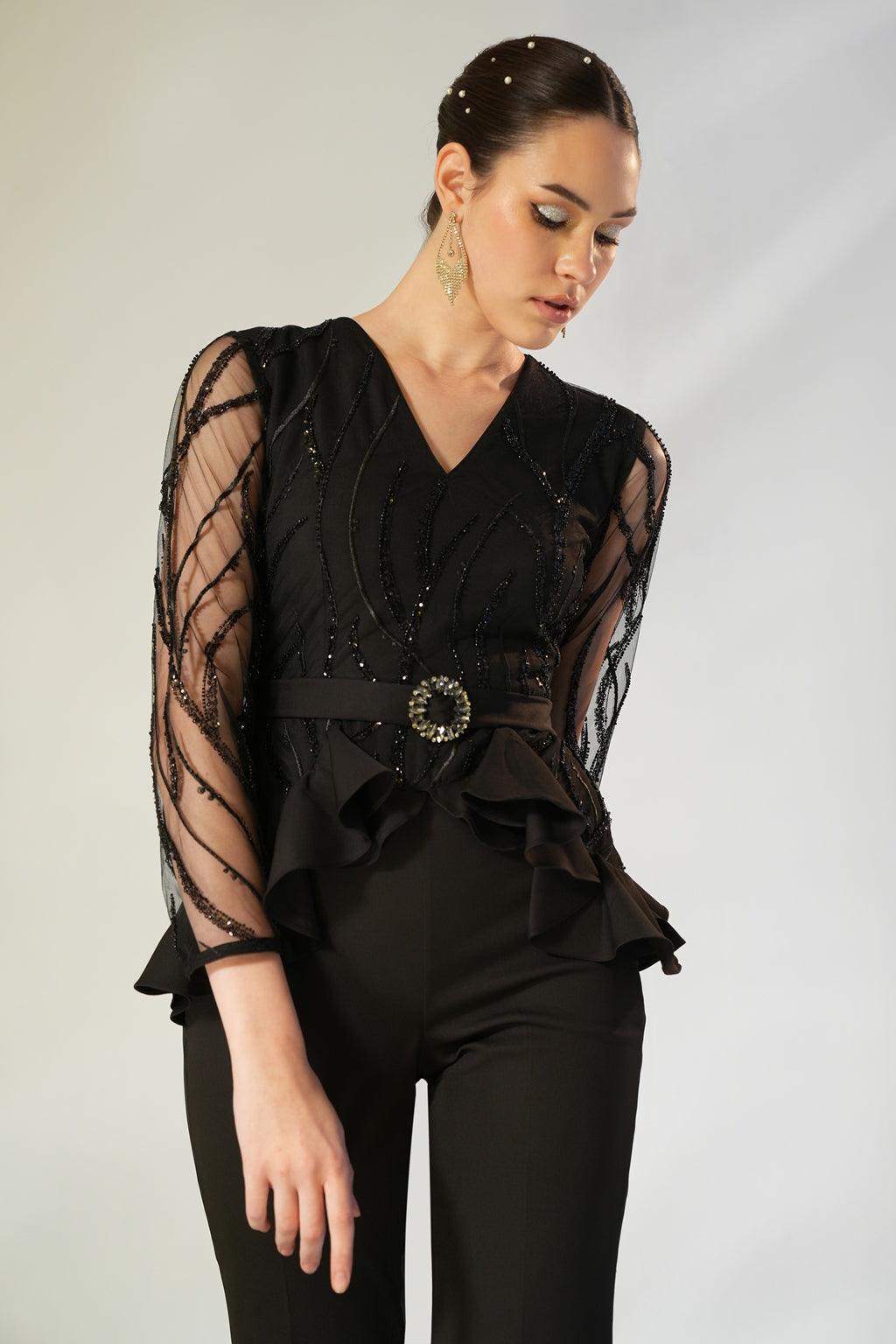 BLACK PEPLUM RUFFLE JUMPSUIT
