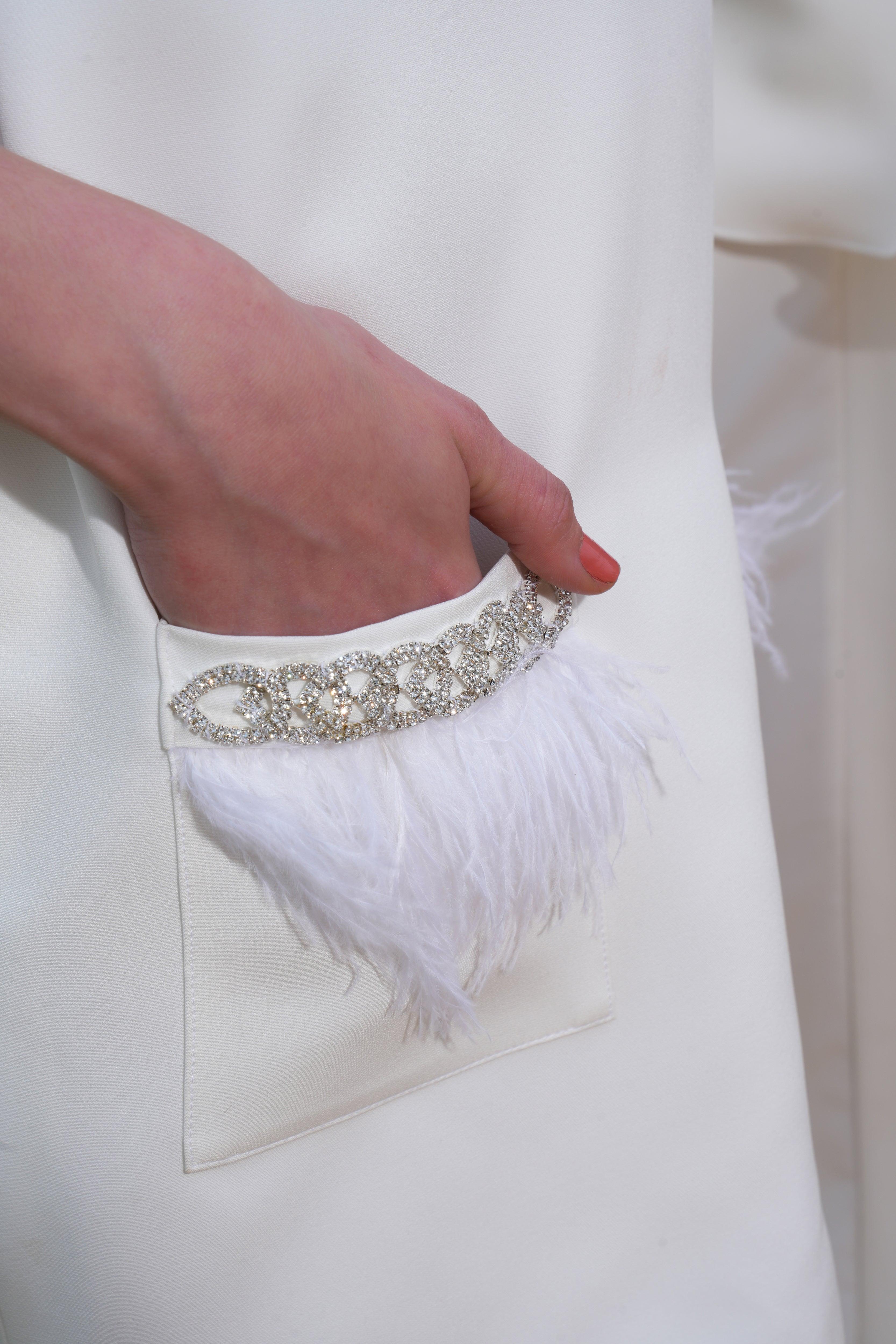 IVORY FEATHER EMBELLISHED POCKET DRESS
