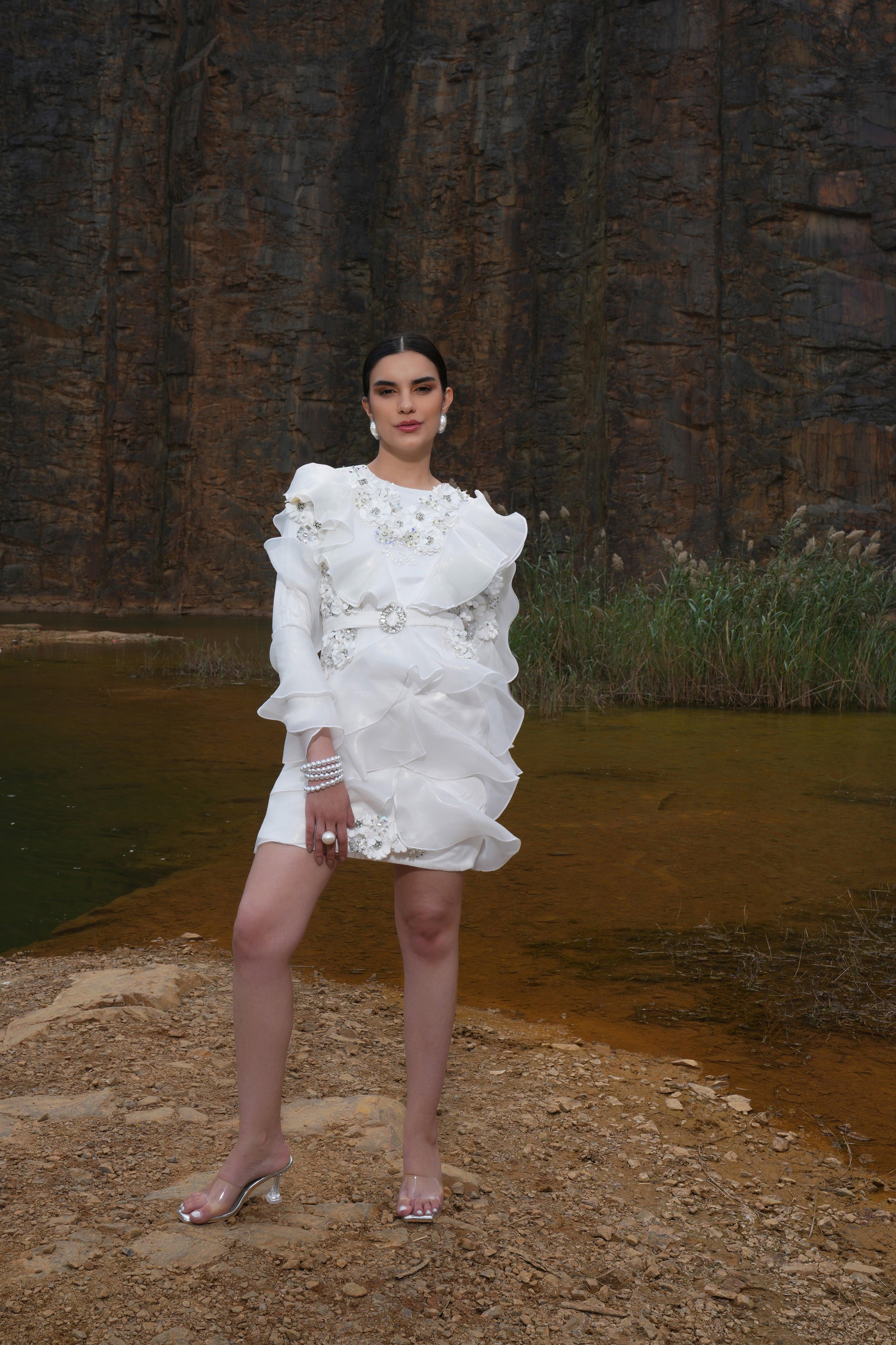 IVORY EMBELLISHED RUFFLE DRESS