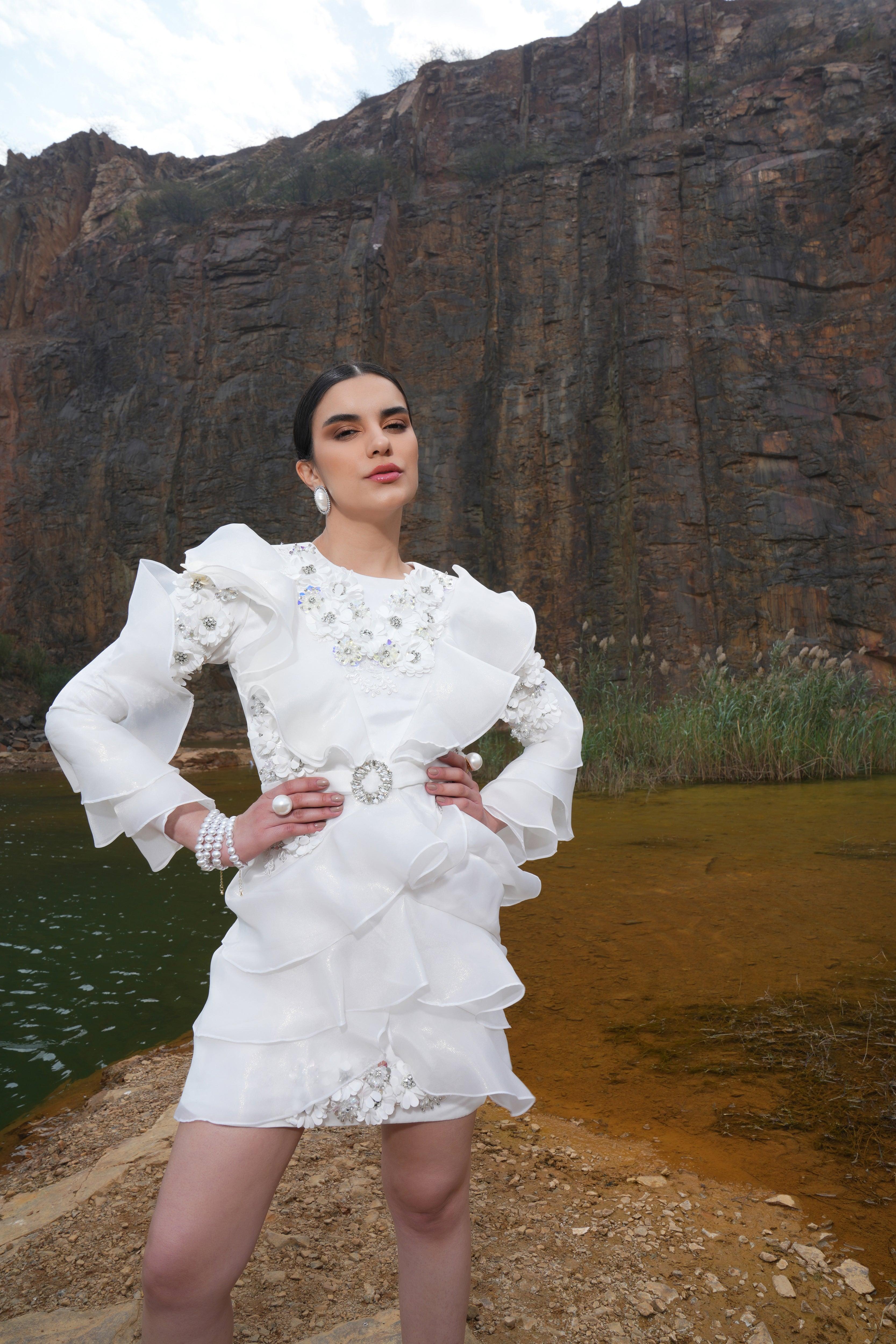 IVORY EMBELLISHED RUFFLE DRESS