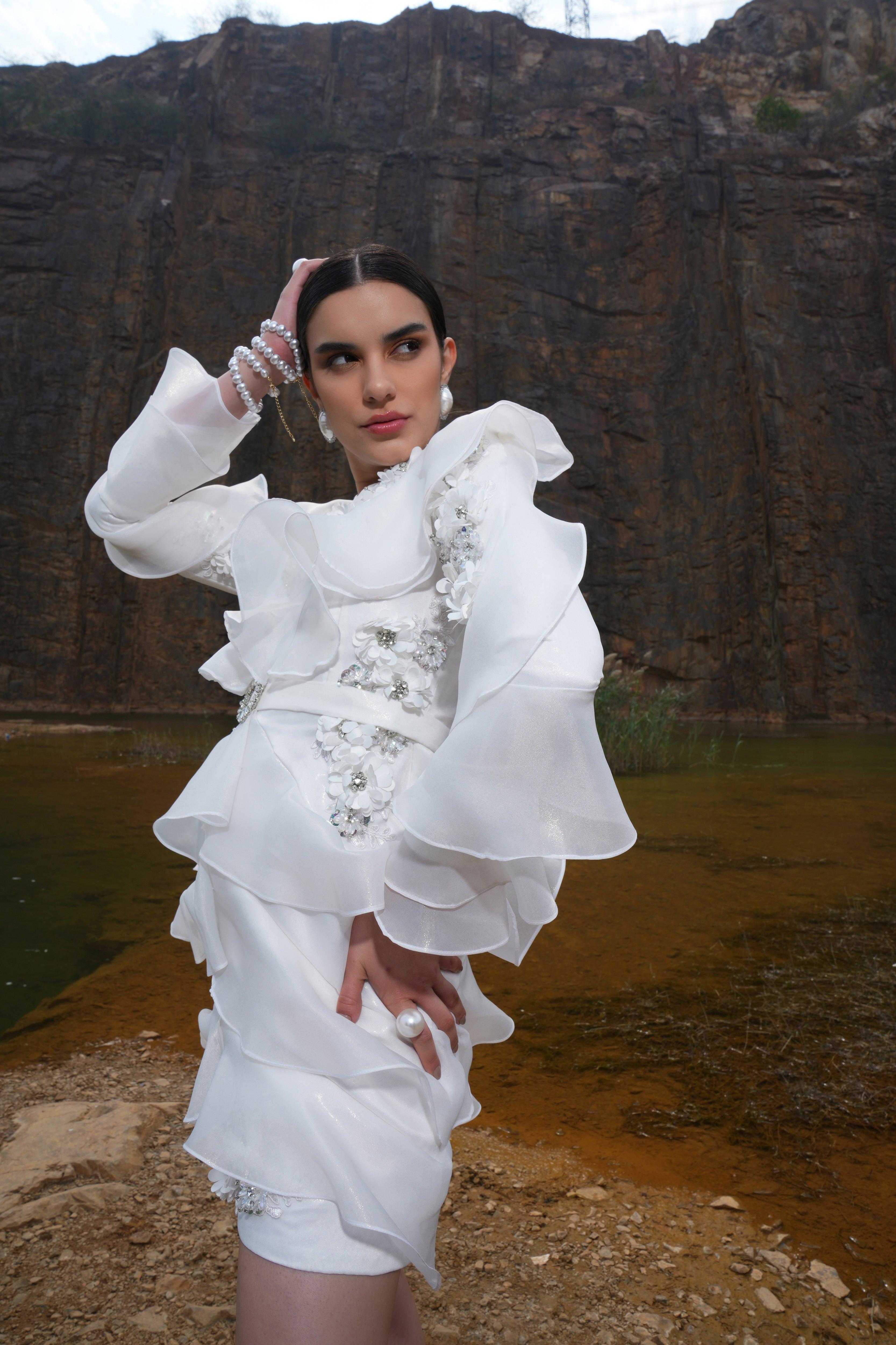 IVORY EMBELLISHED RUFFLE DRESS