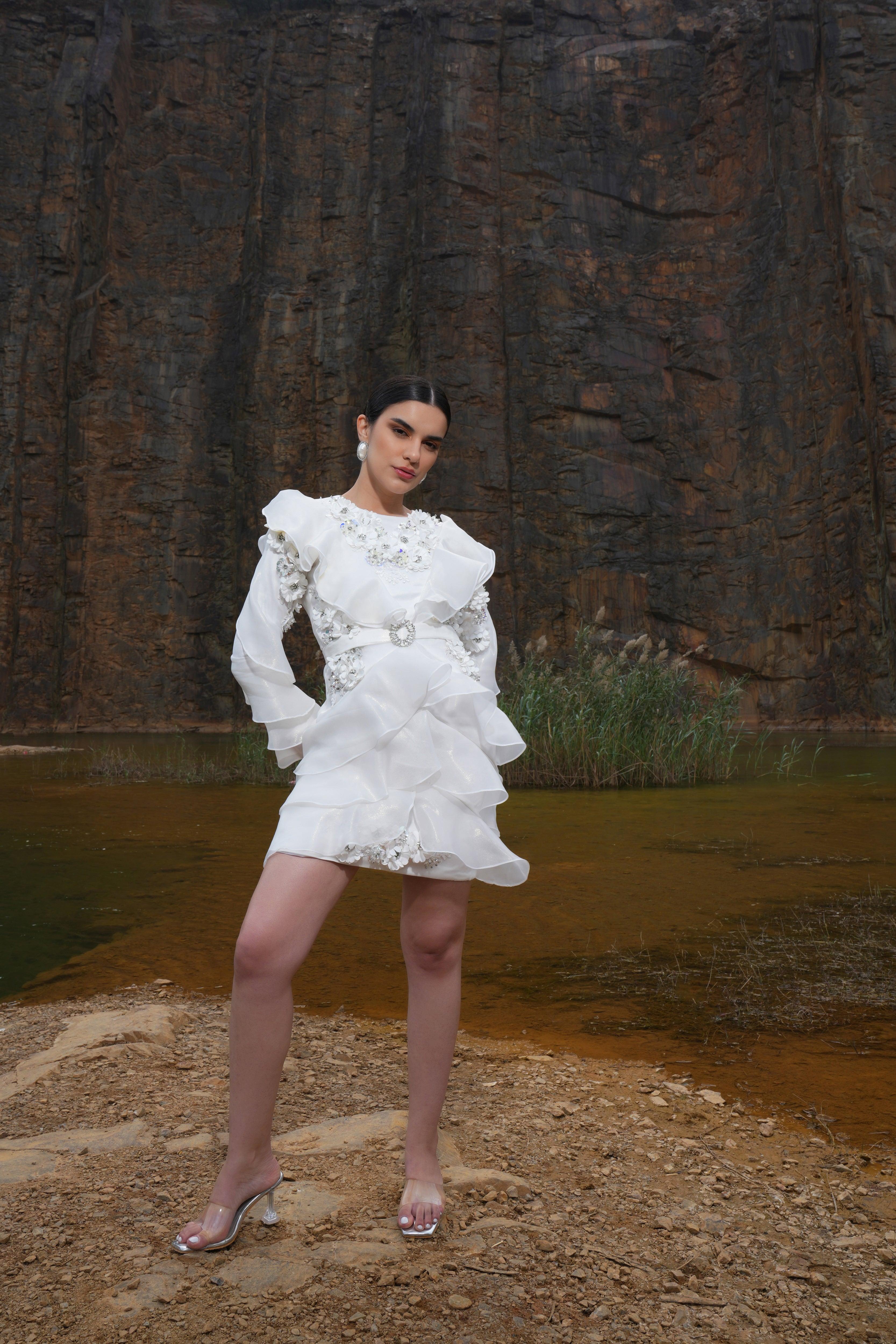 IVORY EMBELLISHED RUFFLE DRESS