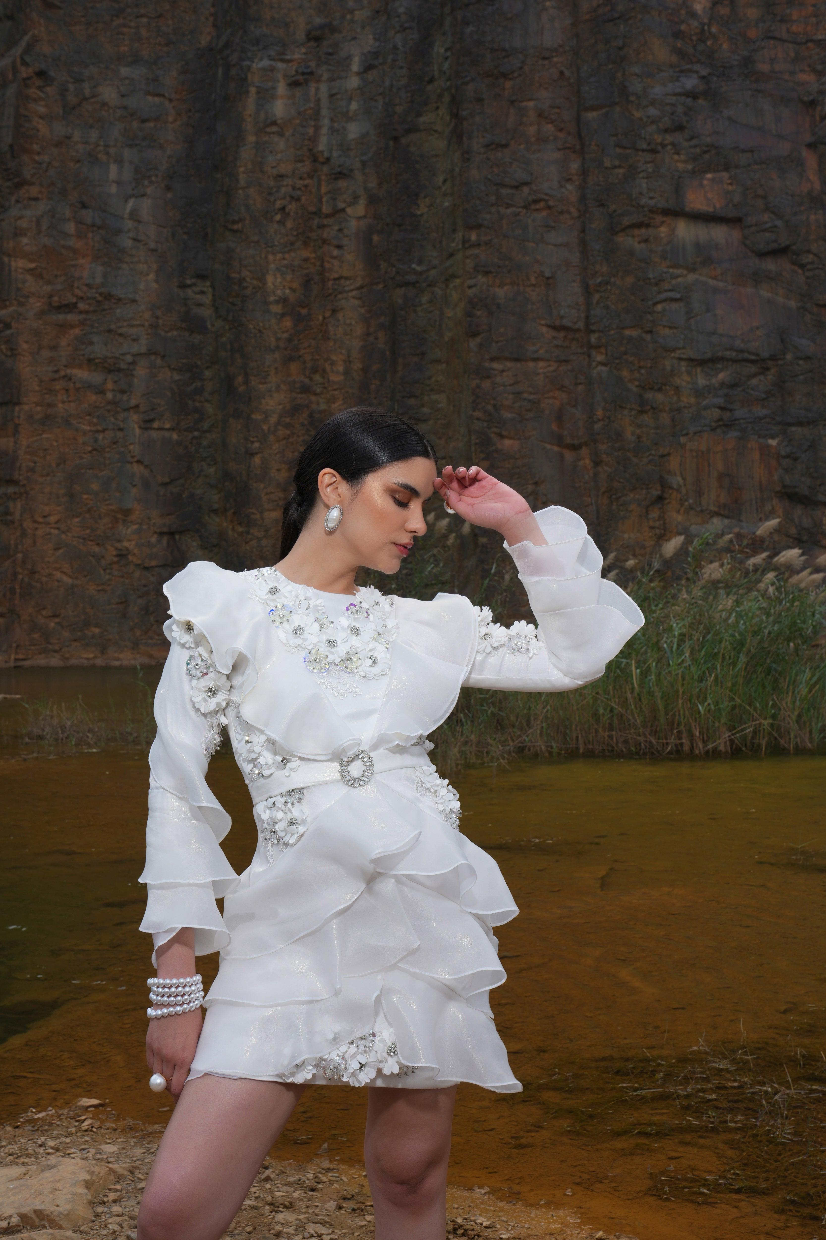 IVORY EMBELLISHED RUFFLE DRESS