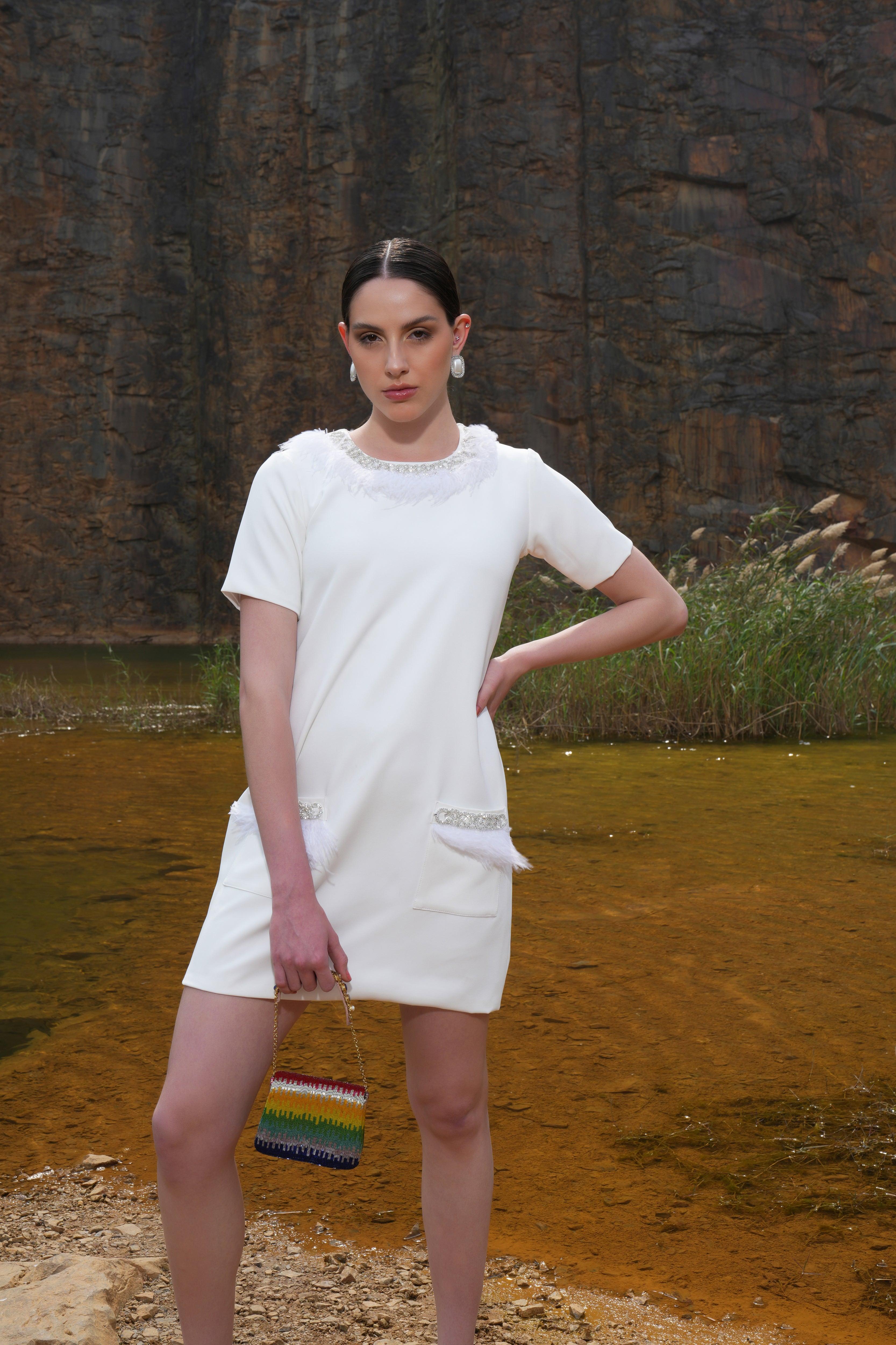 IVORY FEATHER EMBELLISHED POCKET DRESS
