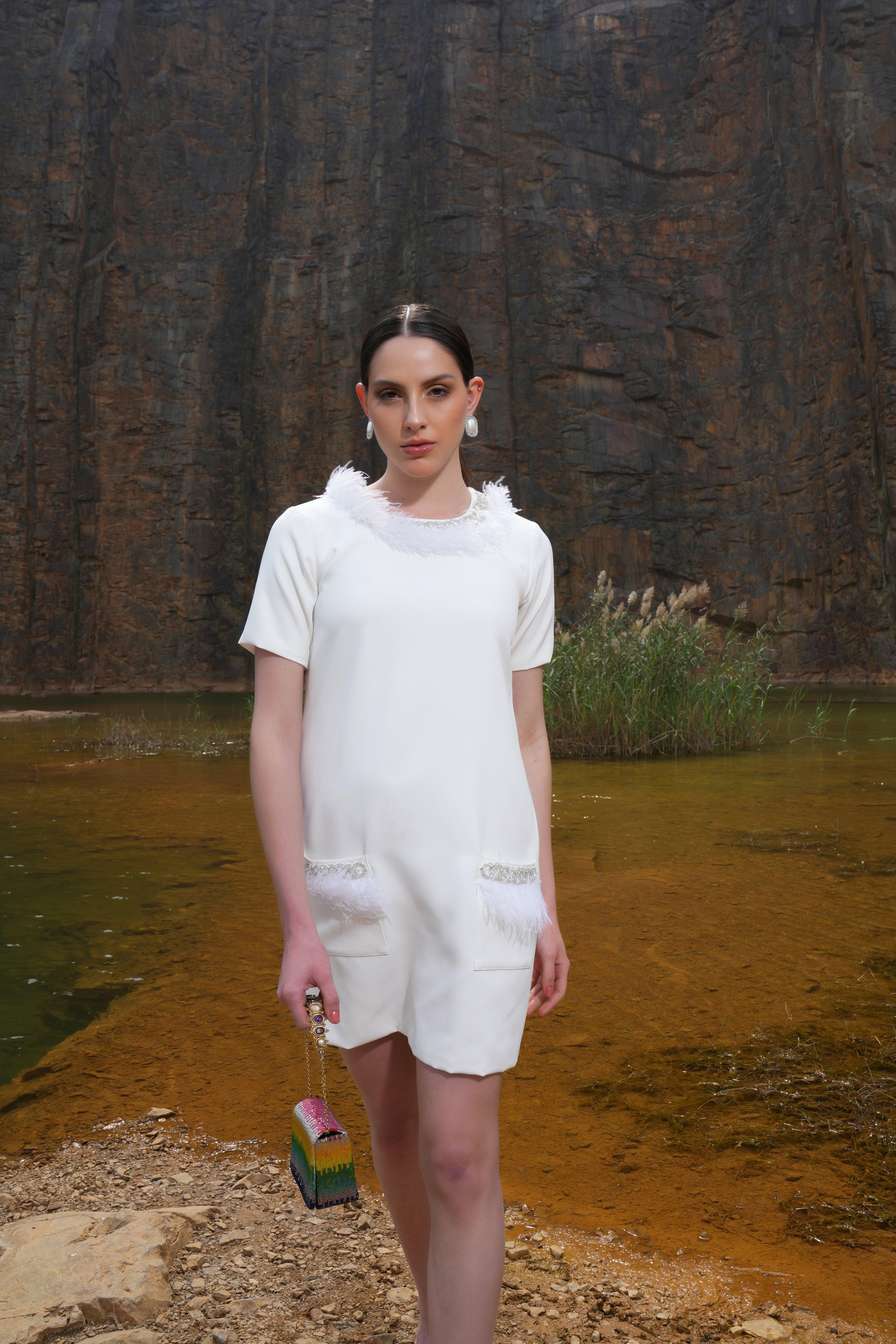 IVORY FEATHER EMBELLISHED POCKET DRESS