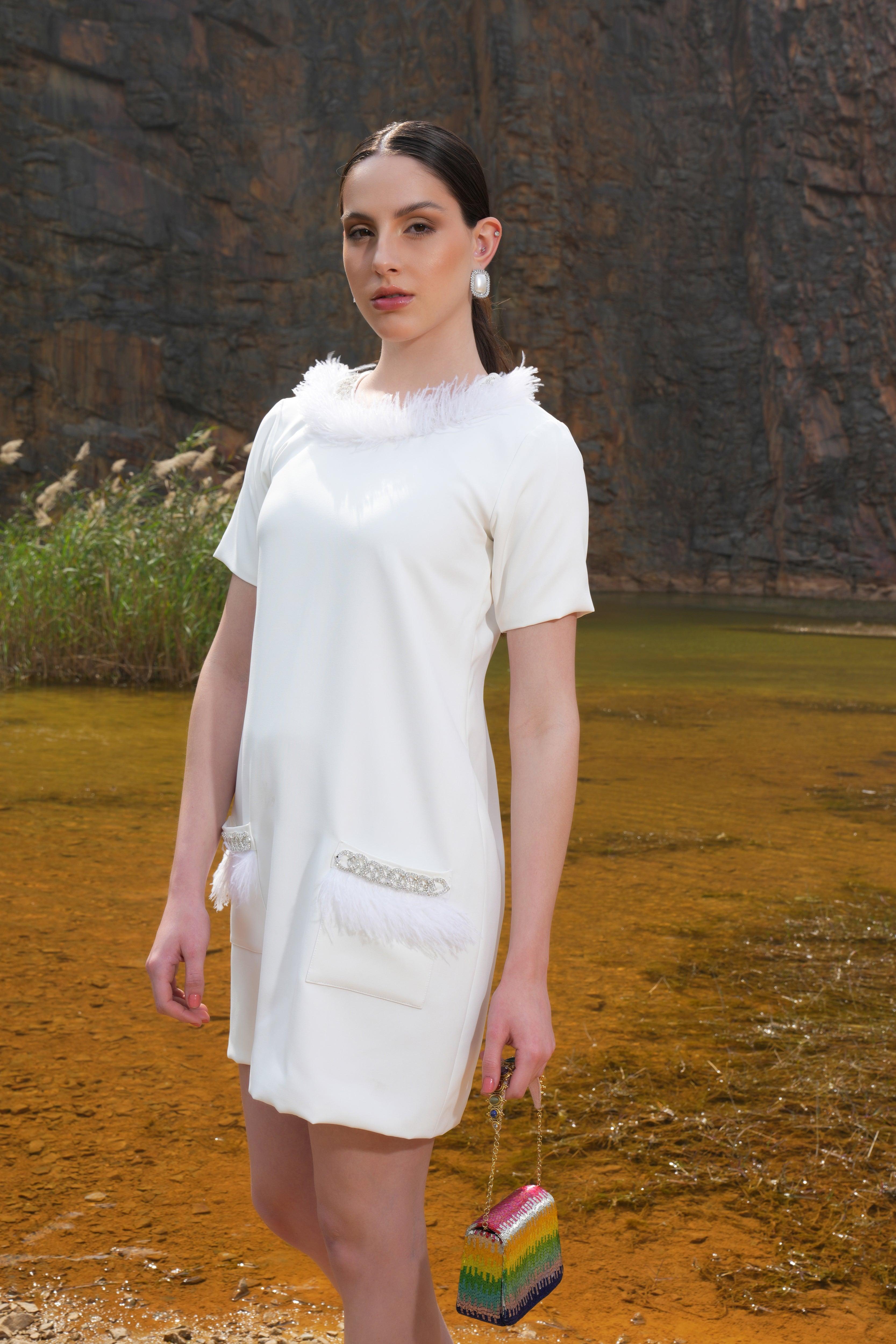IVORY FEATHER EMBELLISHED POCKET DRESS
