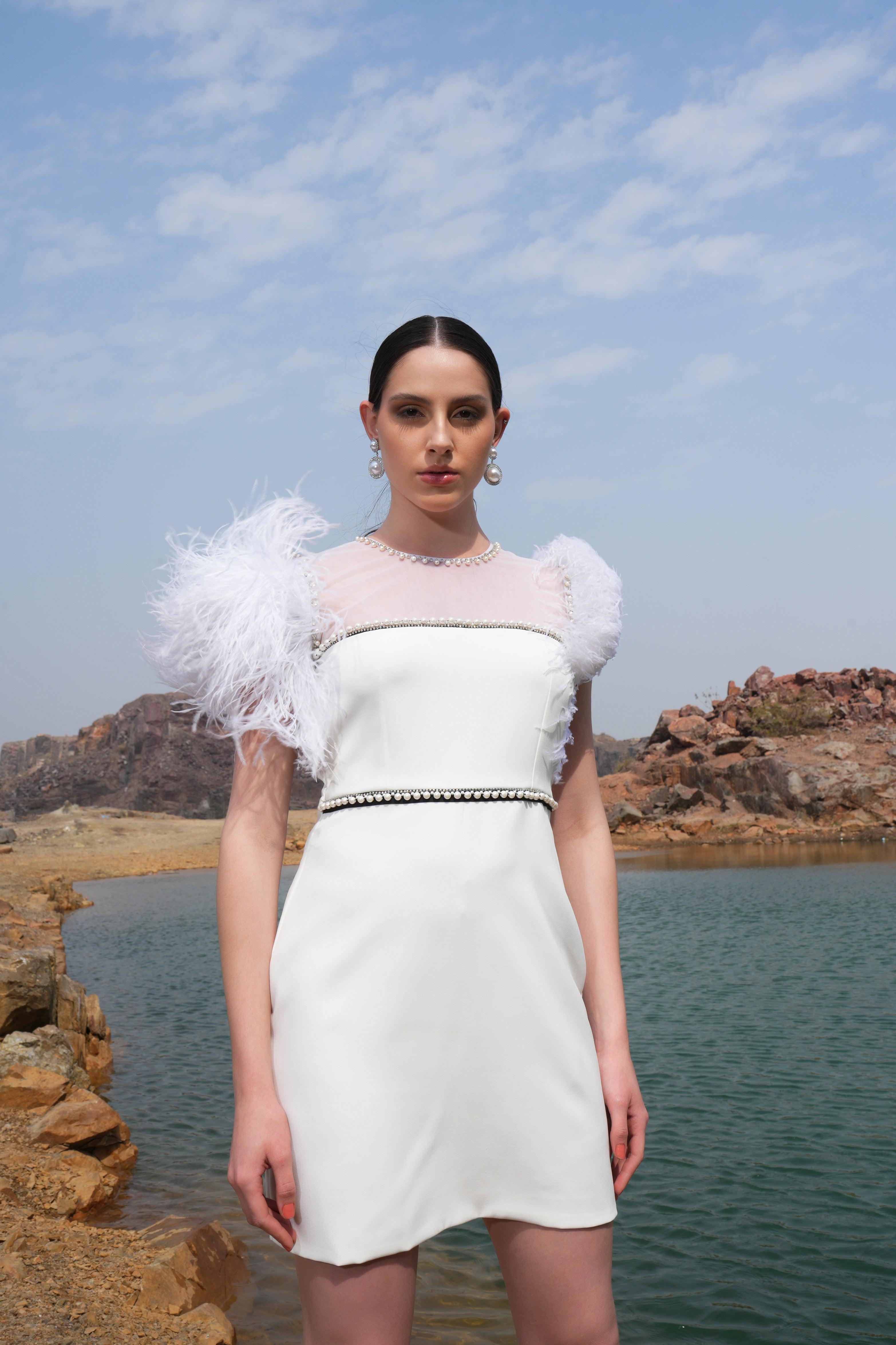 IVORY PEARL FEATHER DRESS