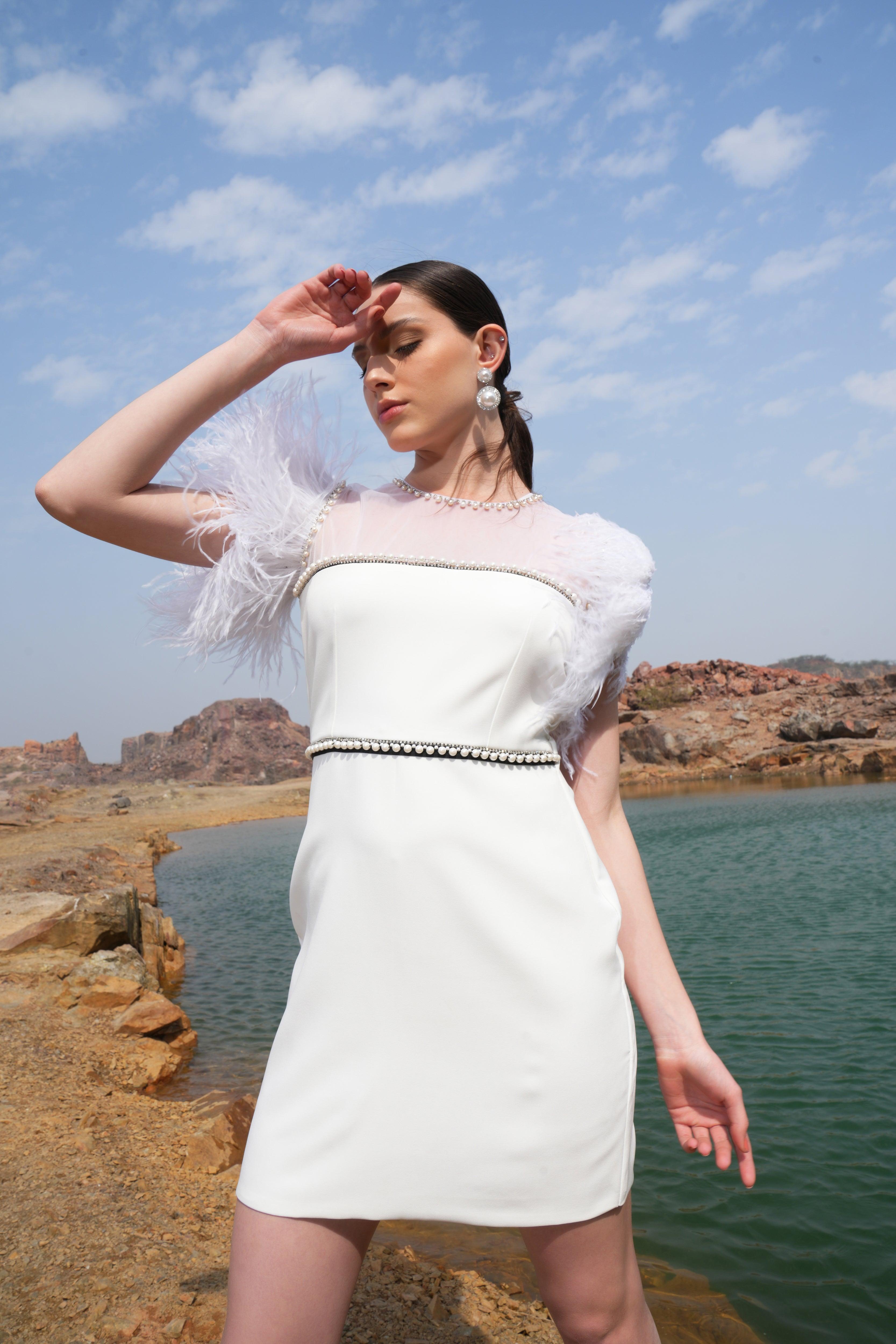 IVORY PEARL FEATHER DRESS