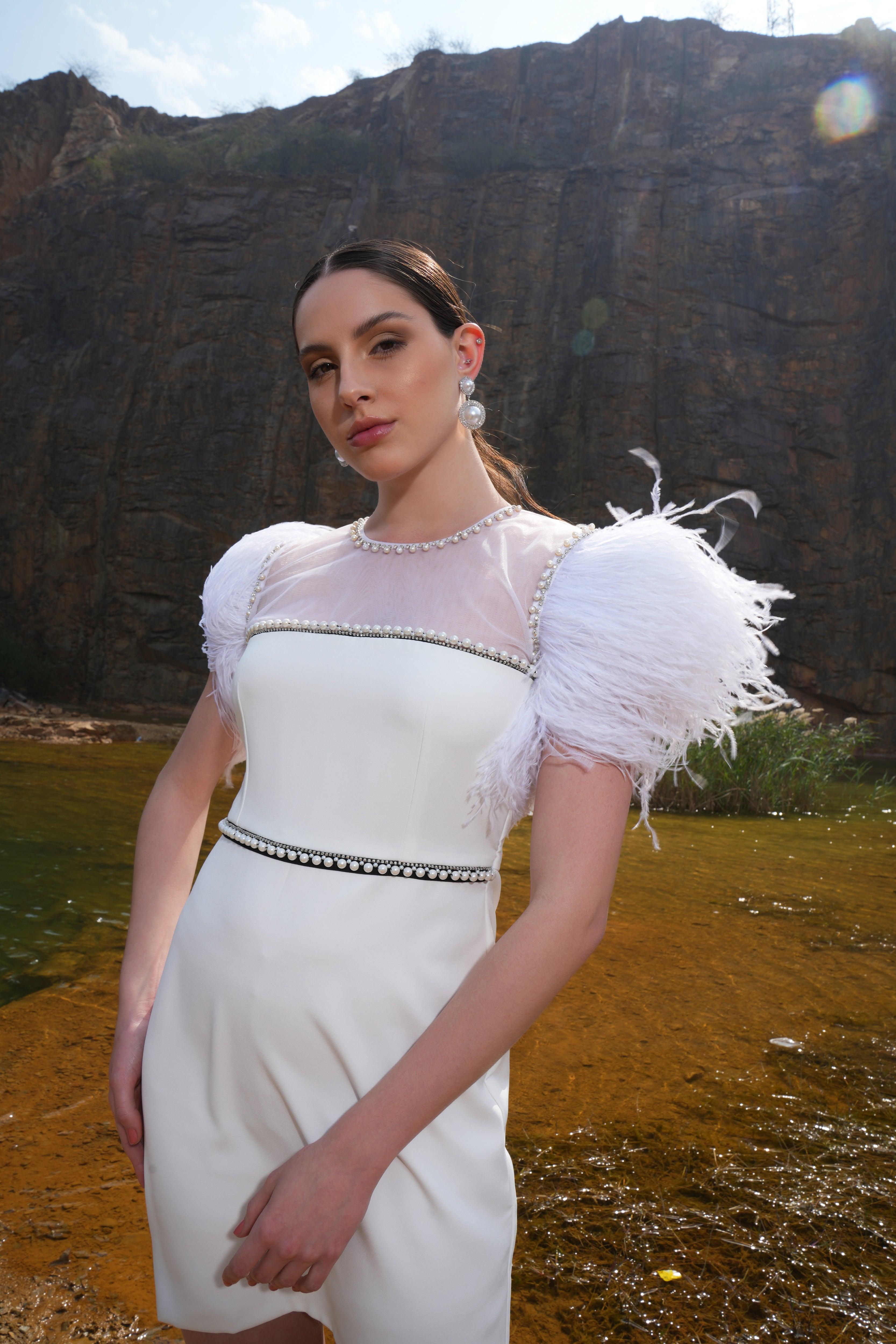 IVORY PEARL FEATHER DRESS