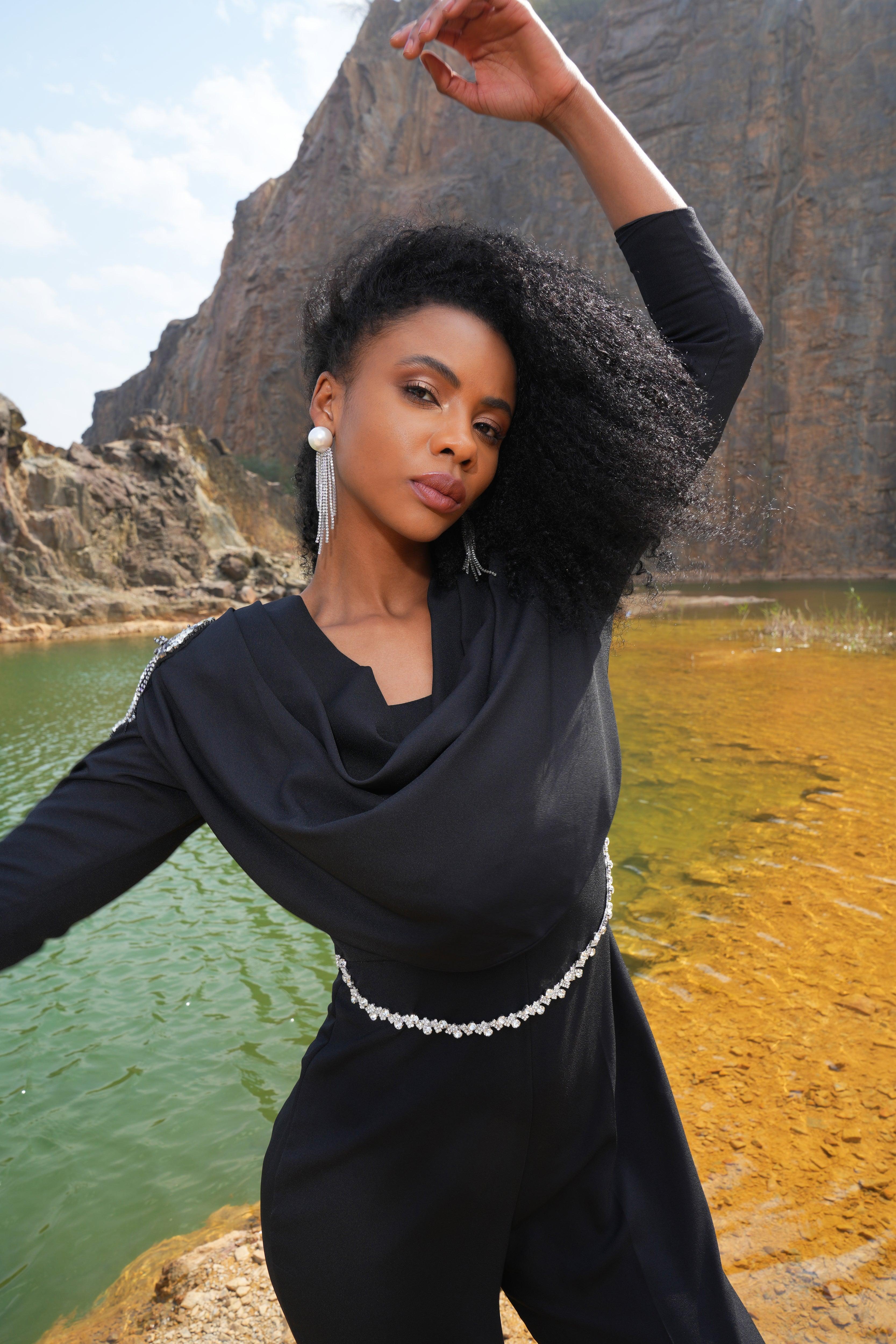 BLACK COWL EMBELLISHED JUMPSUIT - SALE