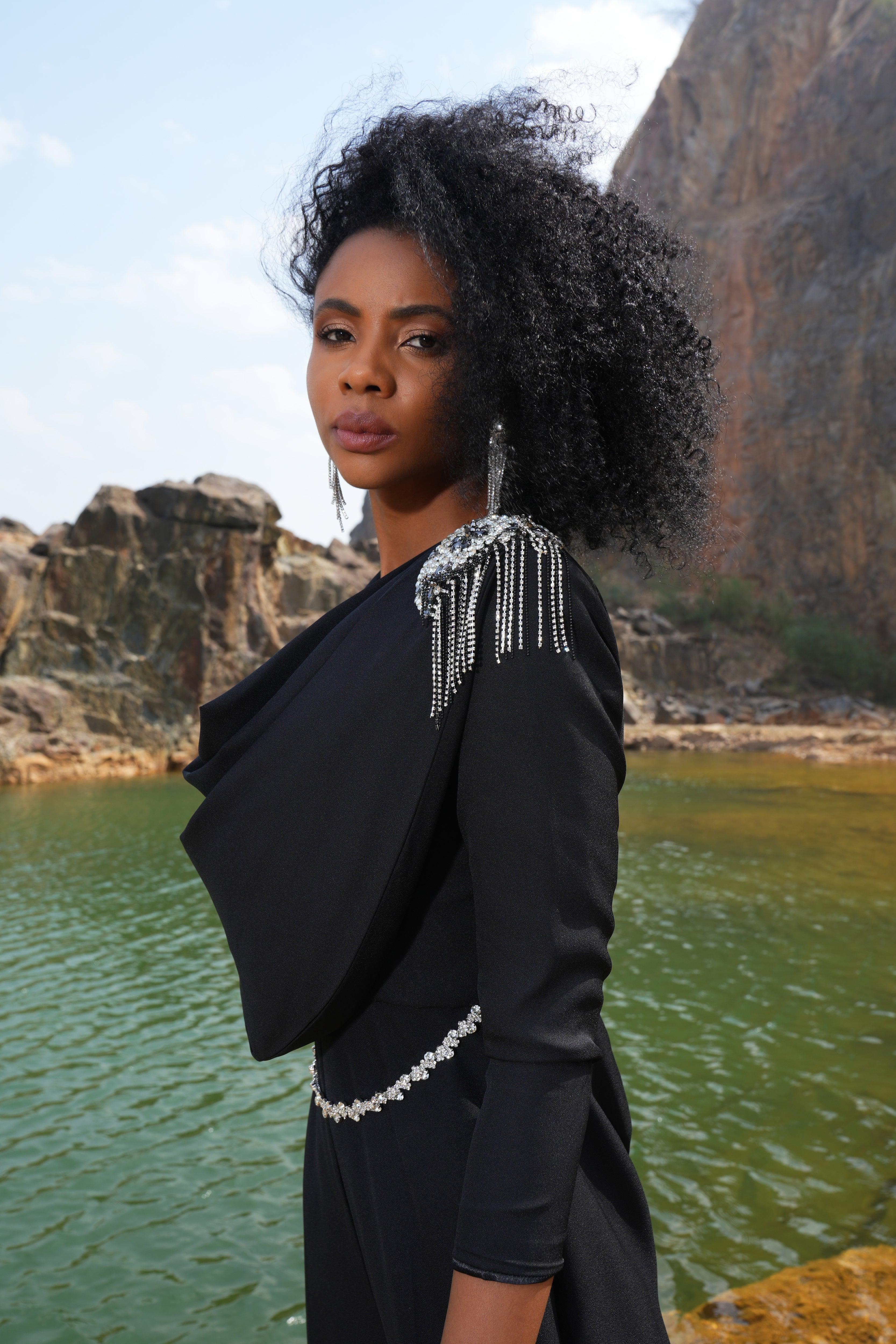 BLACK COWL EMBELLISHED JUMPSUIT - SALE