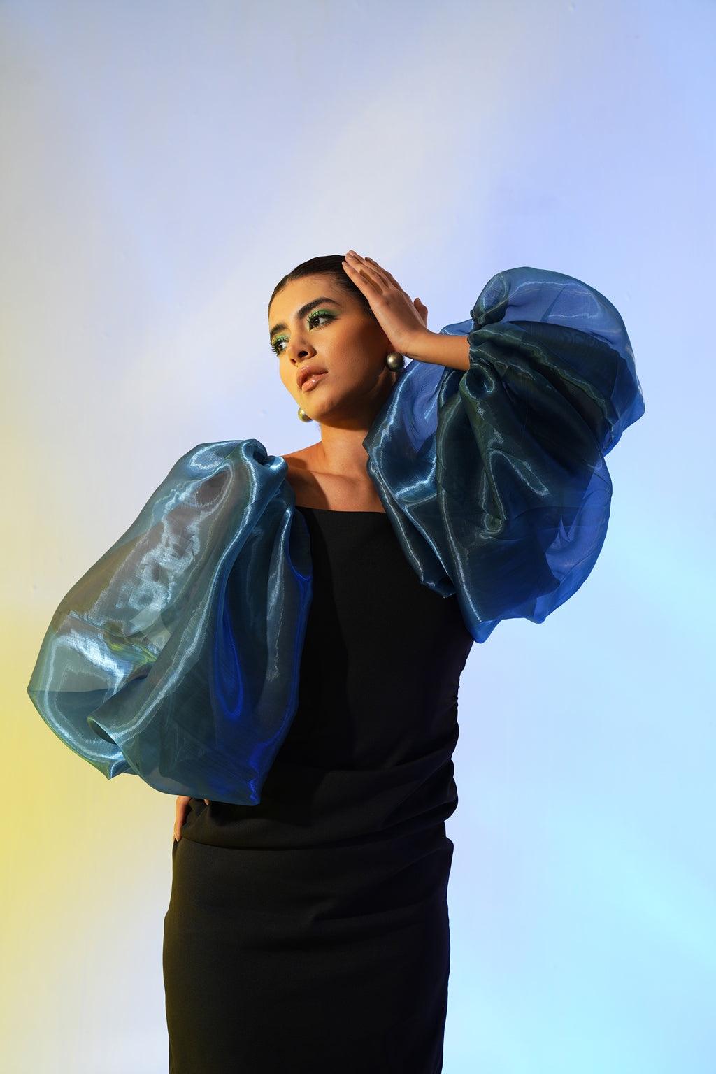MEENAKSHI DUTT IN BLACK & BLUE ORGANZA SLEEVE DRESS