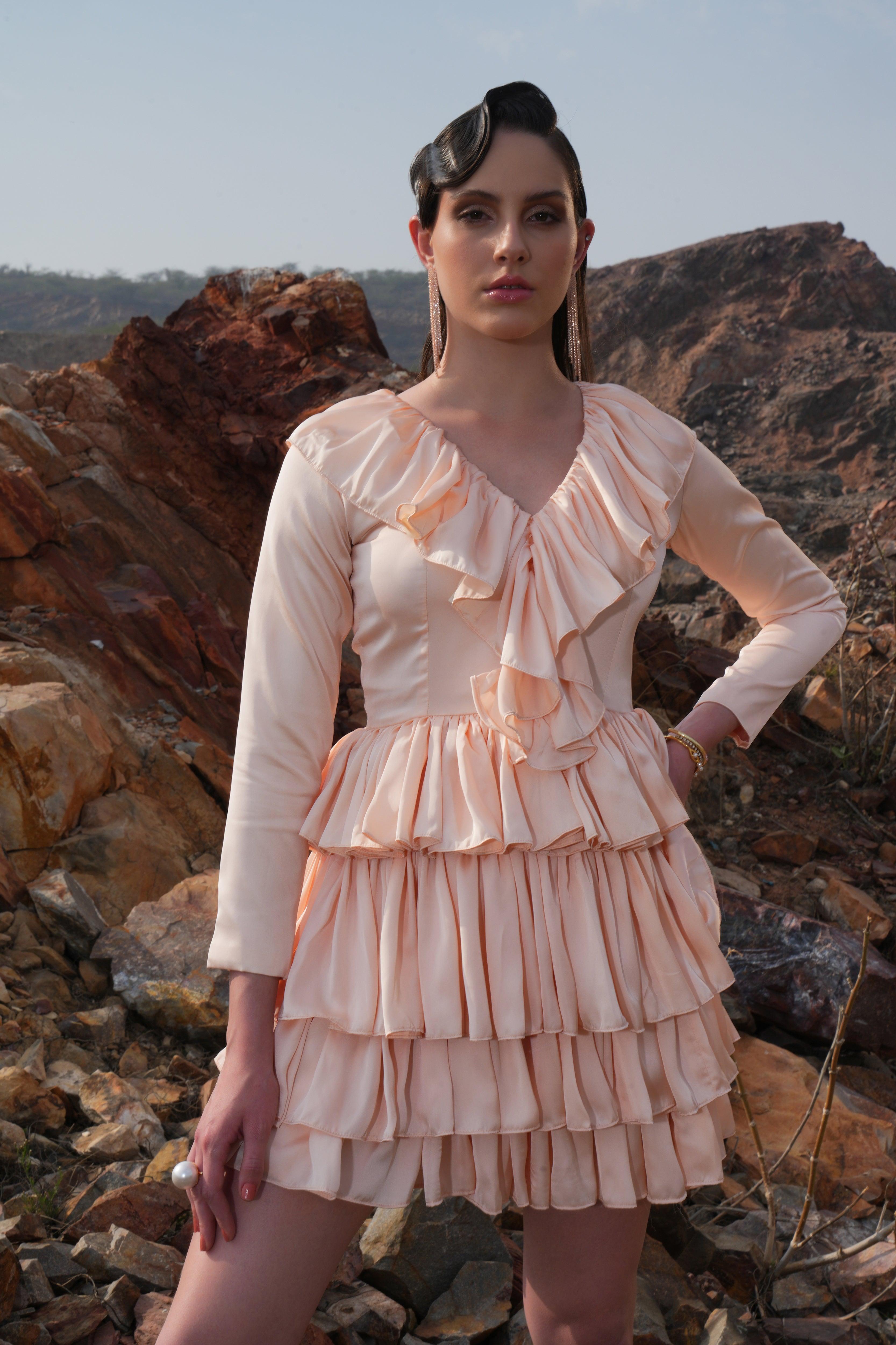 PEACH FRILL SATIN DRESS - SALE