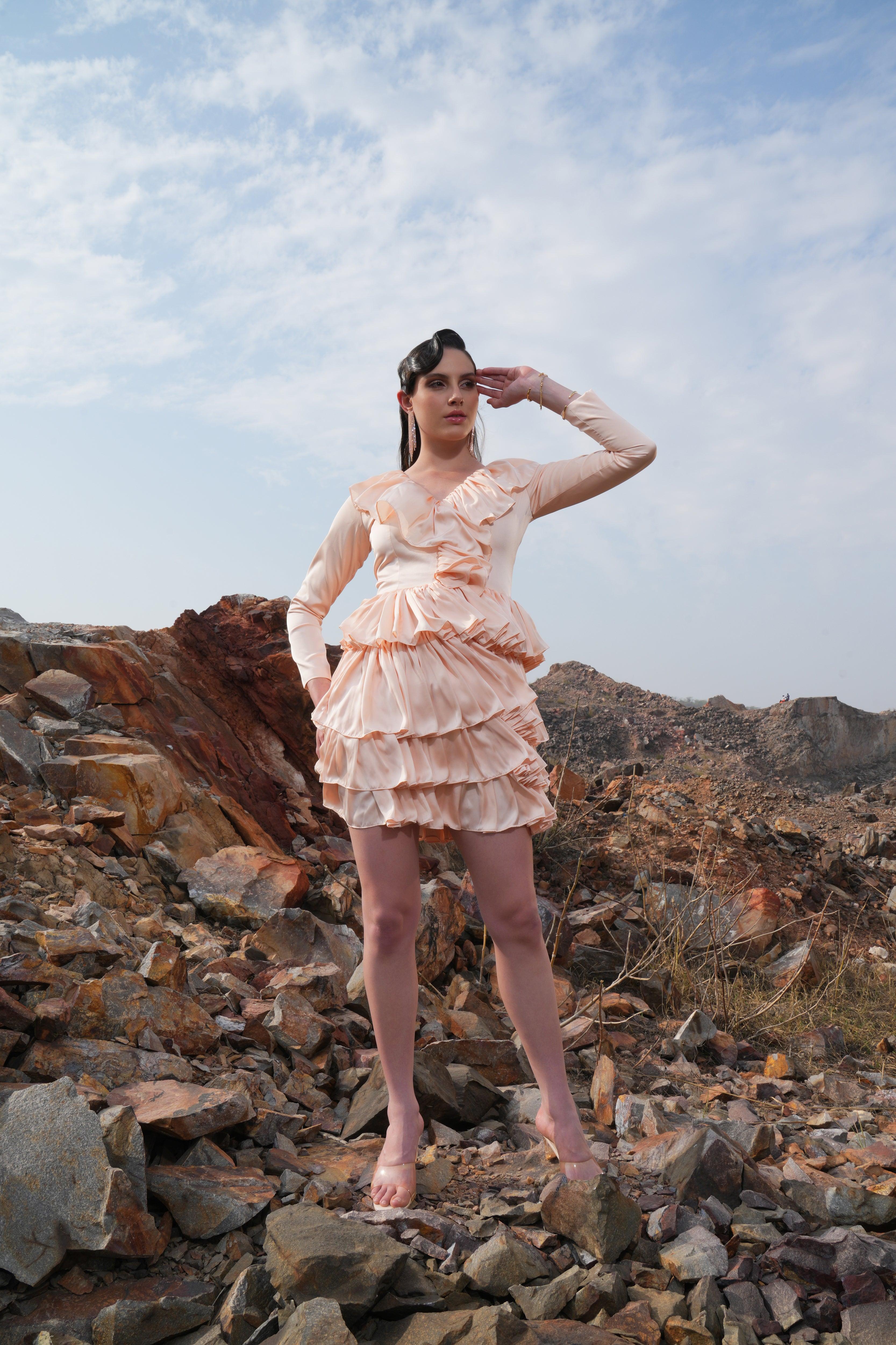PEACH FRILL SATIN DRESS - SALE