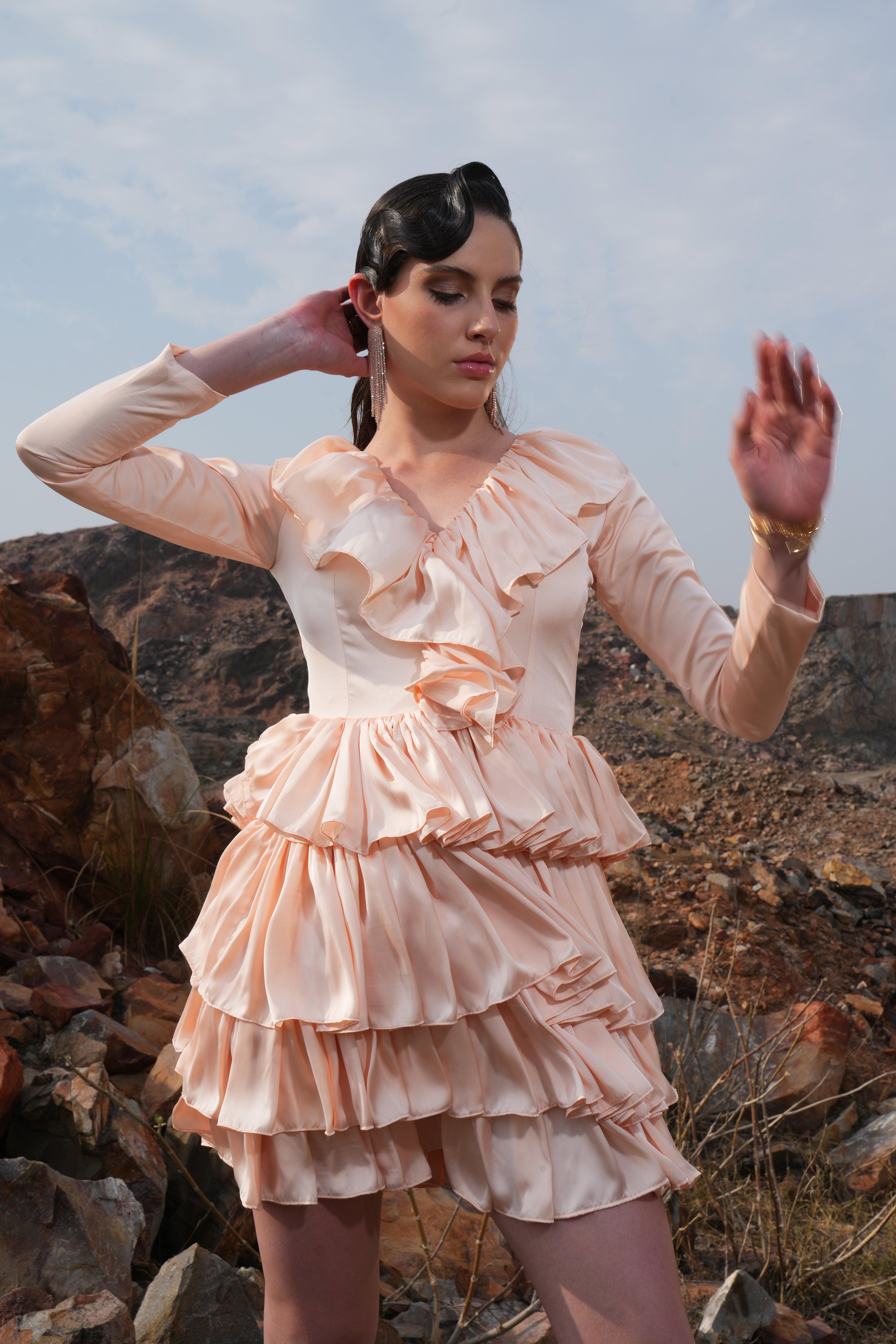 PEACH FRILL SATIN DRESS - SALE