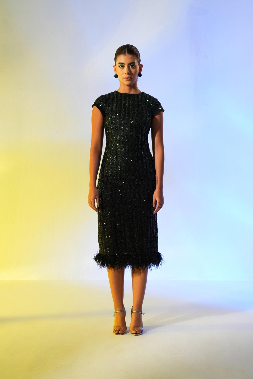 EMERALD & BLACK SEQUIN FEATHER DRESS
