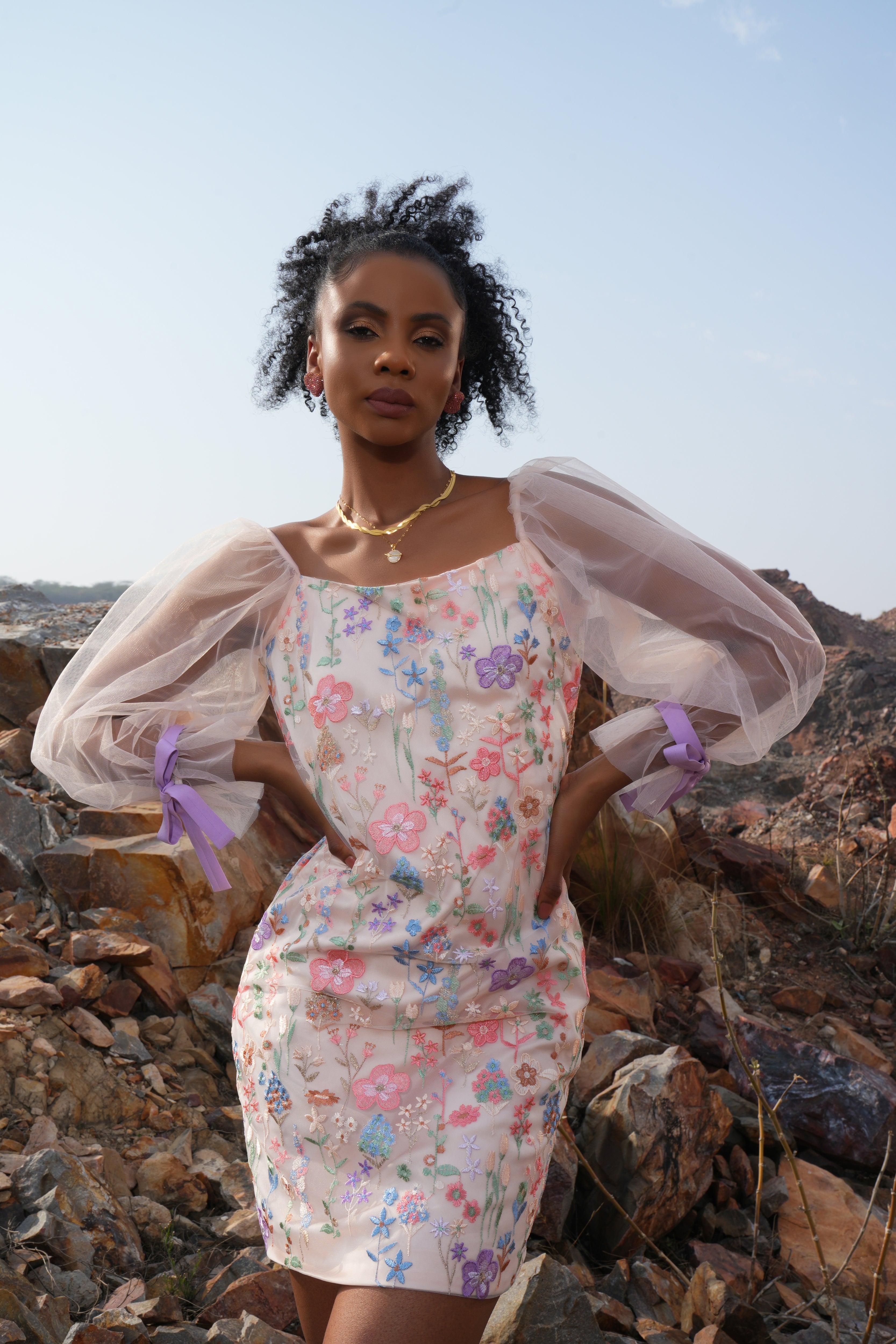 PEACH FLORAL SHEATH DRESS