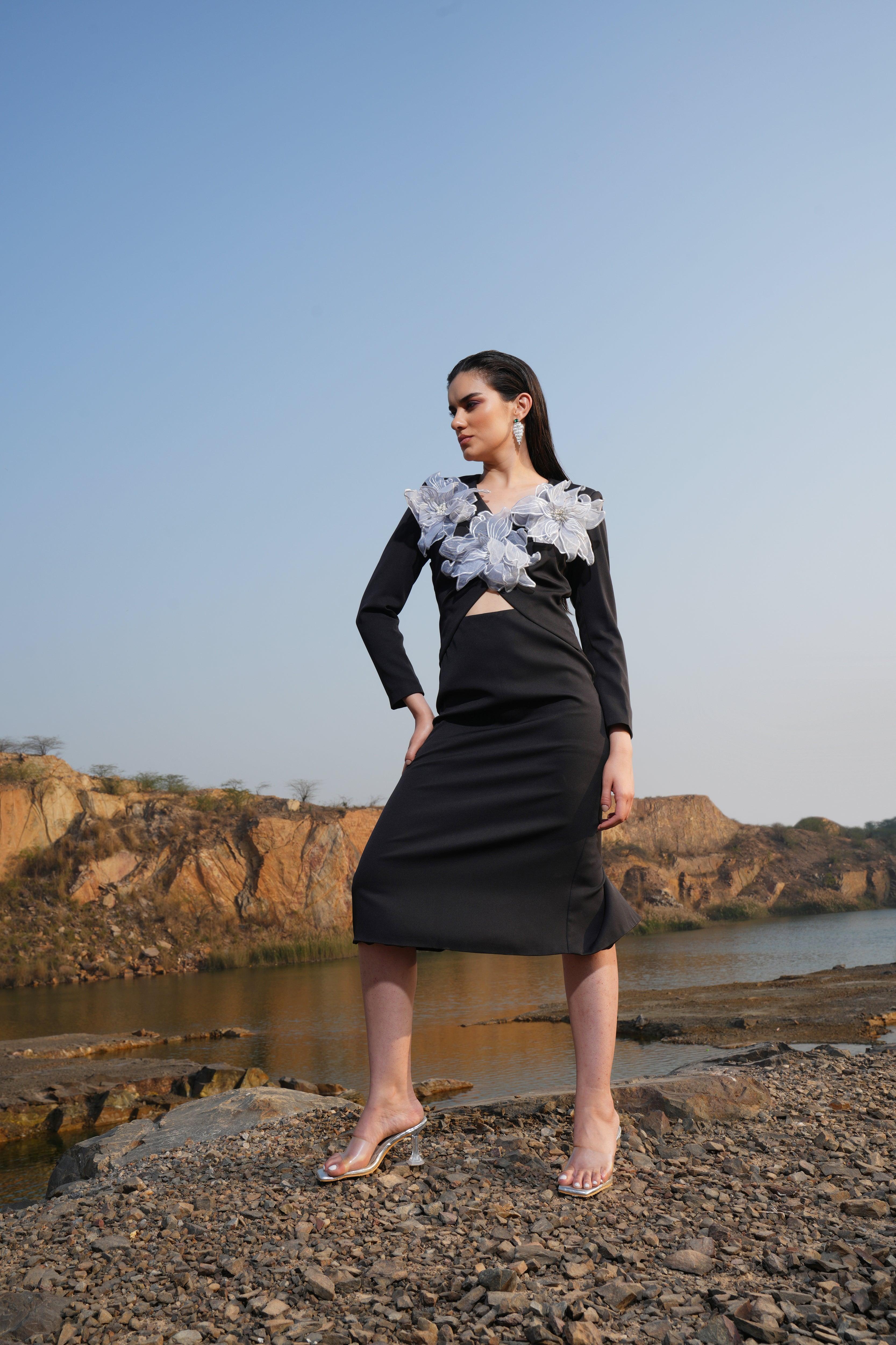 BLACK AND GREY FLOWER DRESS