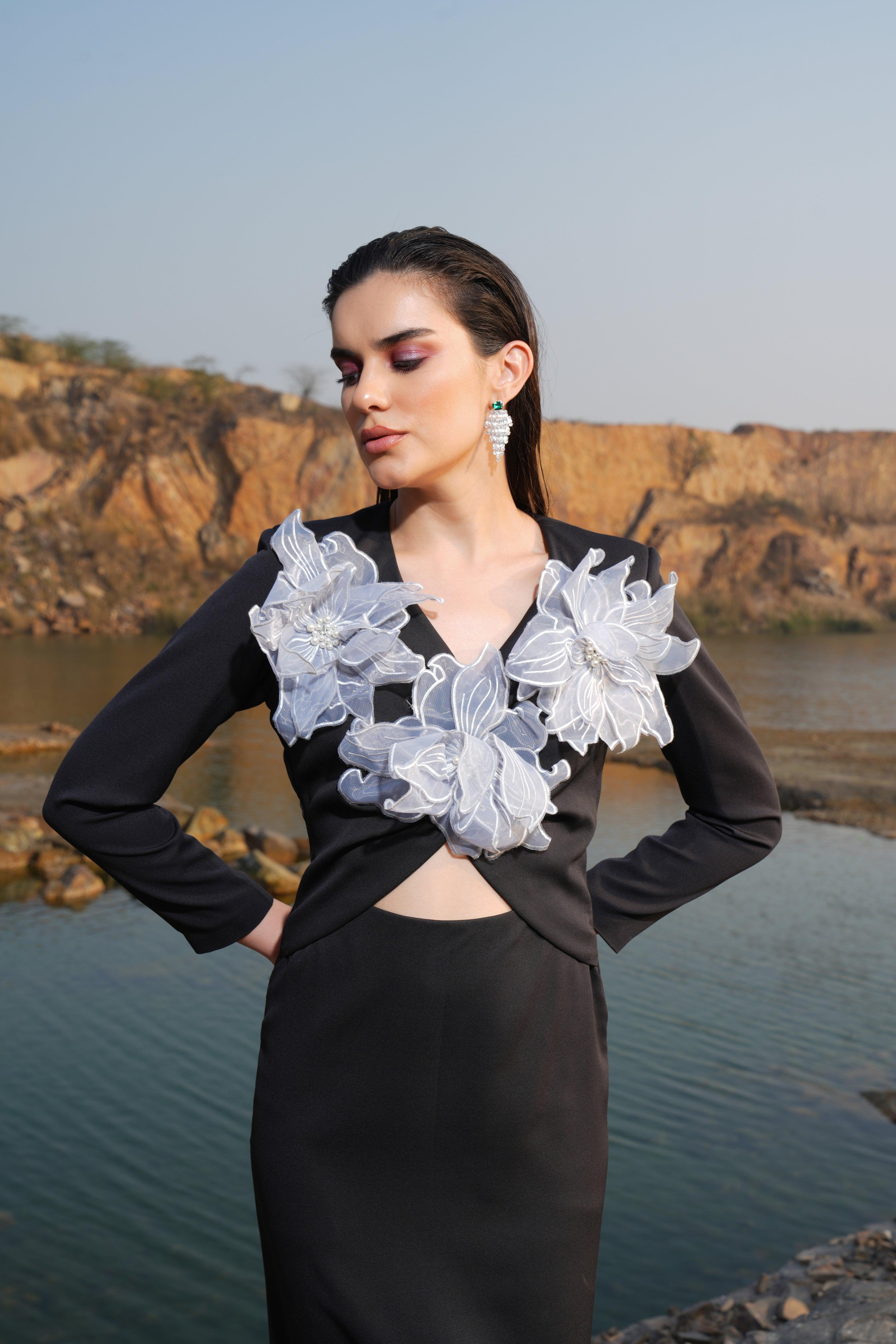 BLACK AND GREY FLOWER DRESS