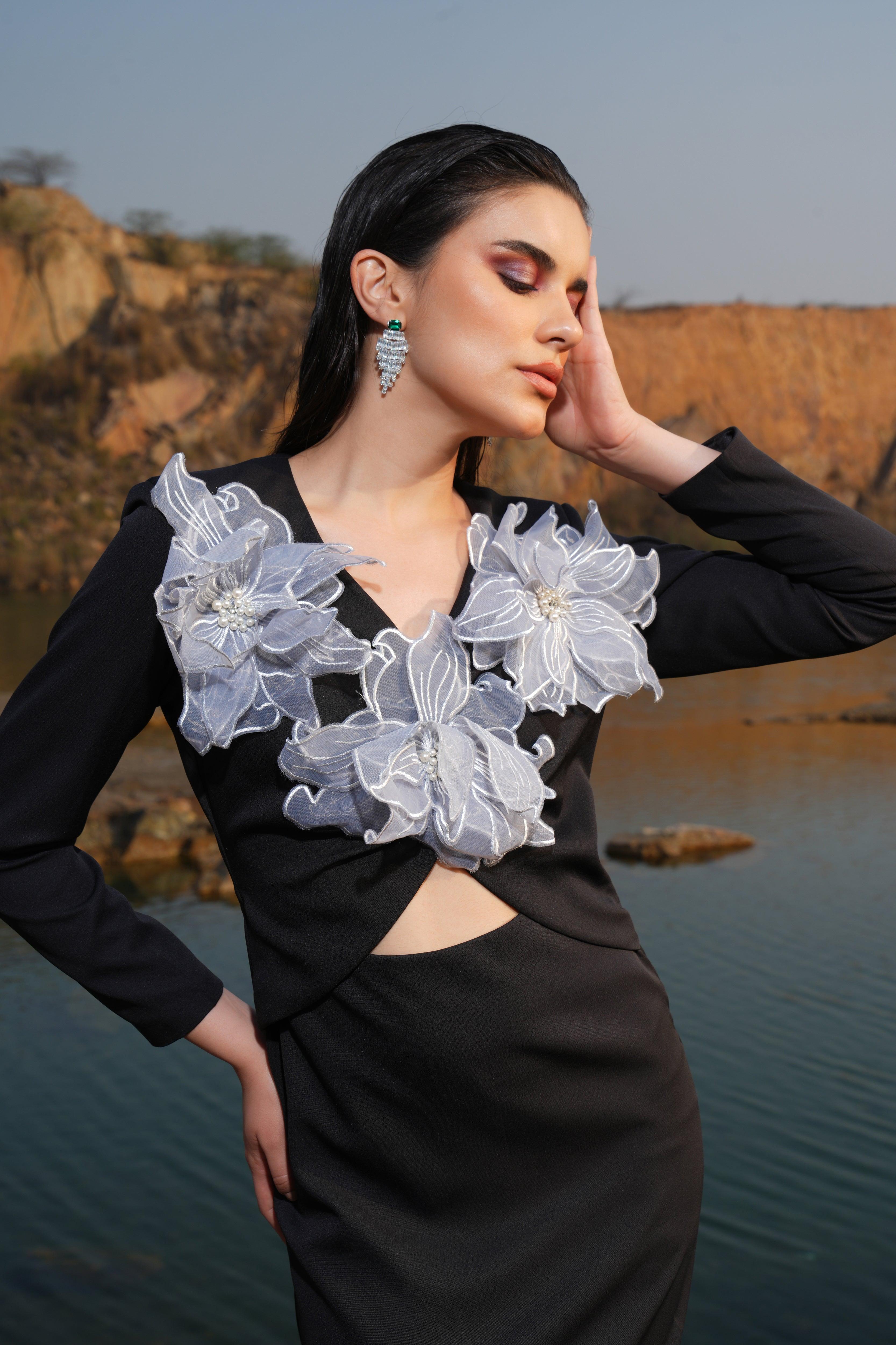 BLACK AND GREY FLOWER DRESS