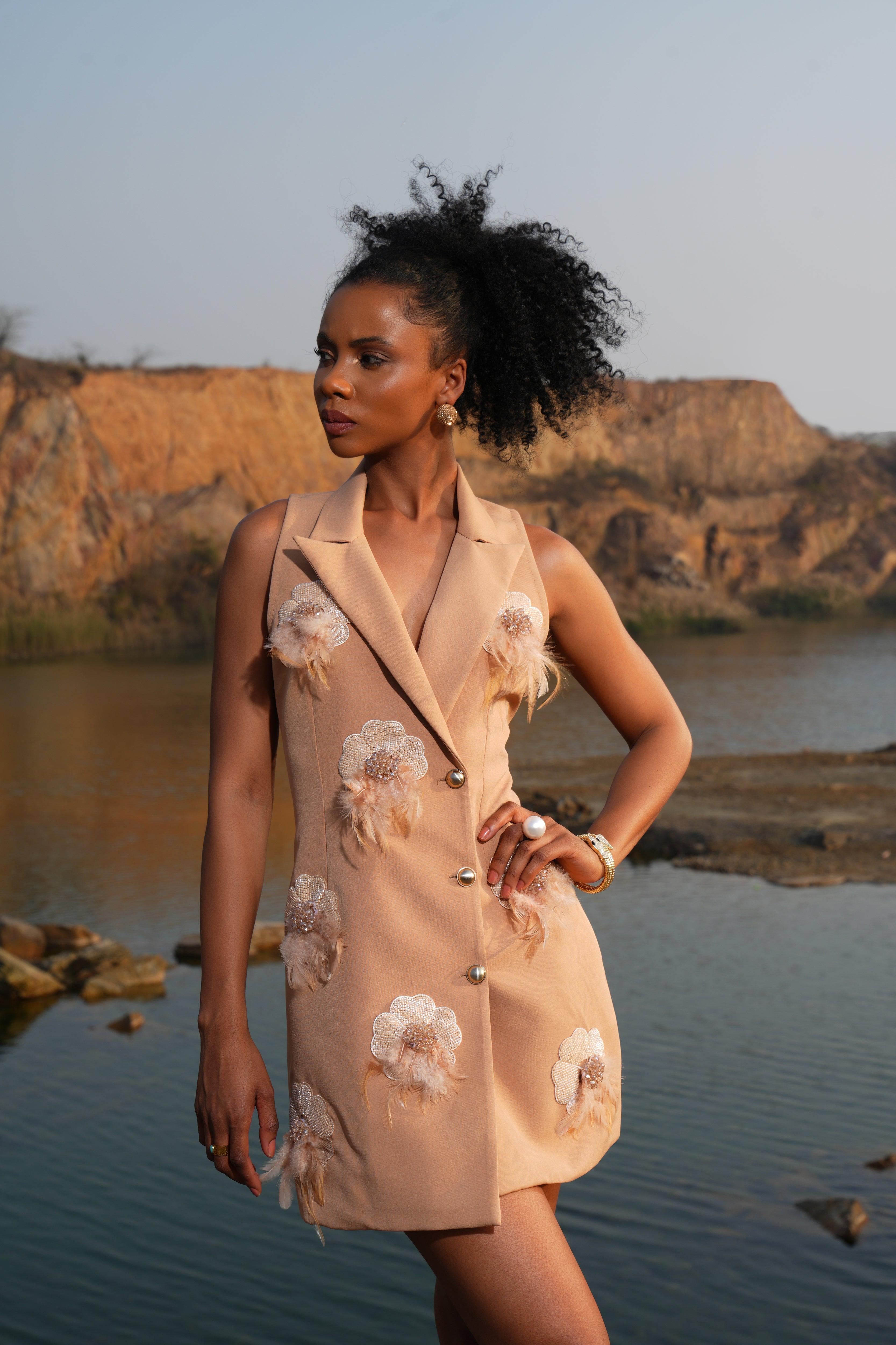 BEIGE FLOWER BLAZER DRESS