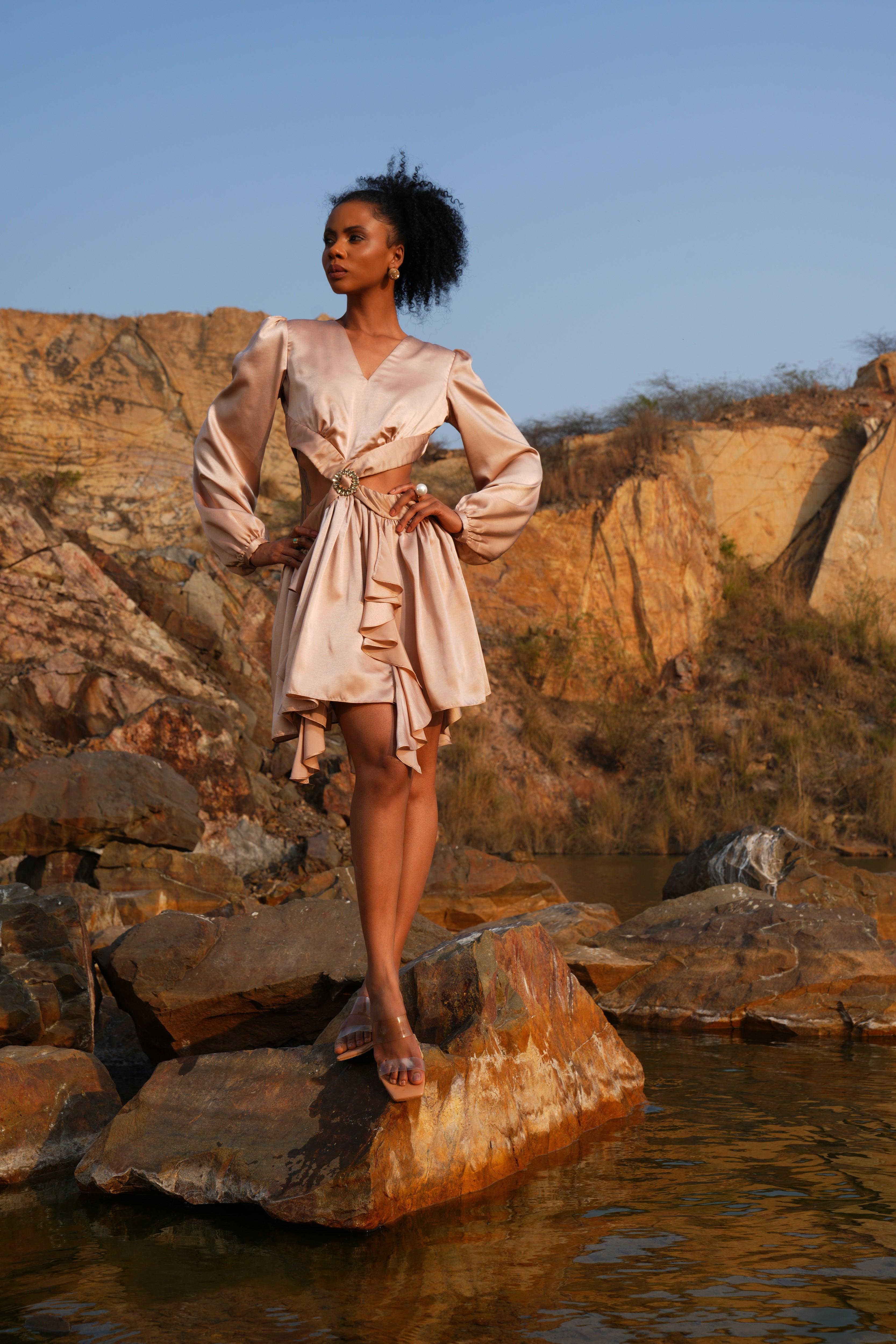 CHAMPAGNE CUT-OUT RUFFLE DRESS - SALE