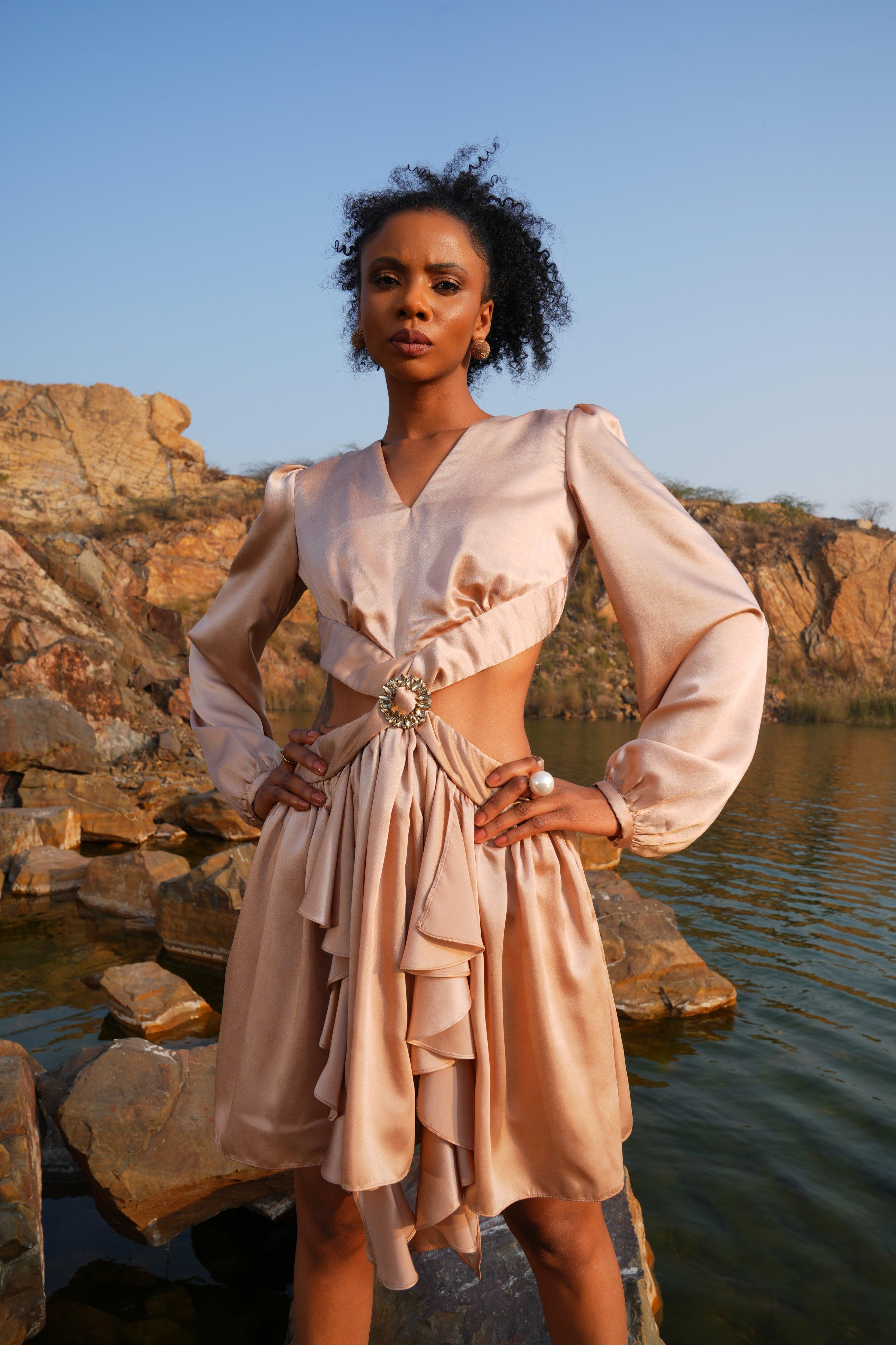 CHAMPAGNE CUT-OUT RUFFLE DRESS - SALE