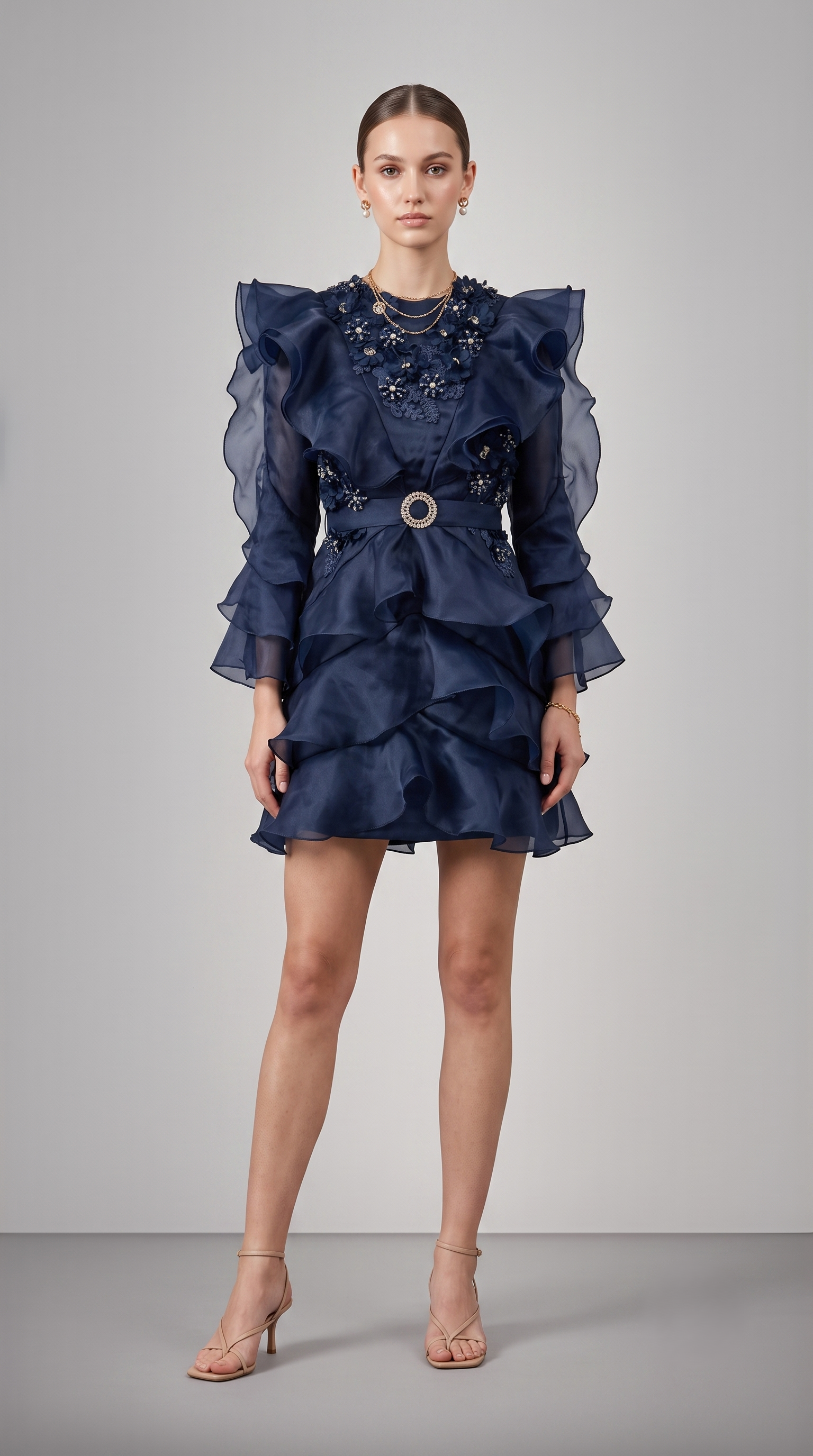 NAVY EMBELLISHED RUFFLE ORGANZA DRESS - SALE