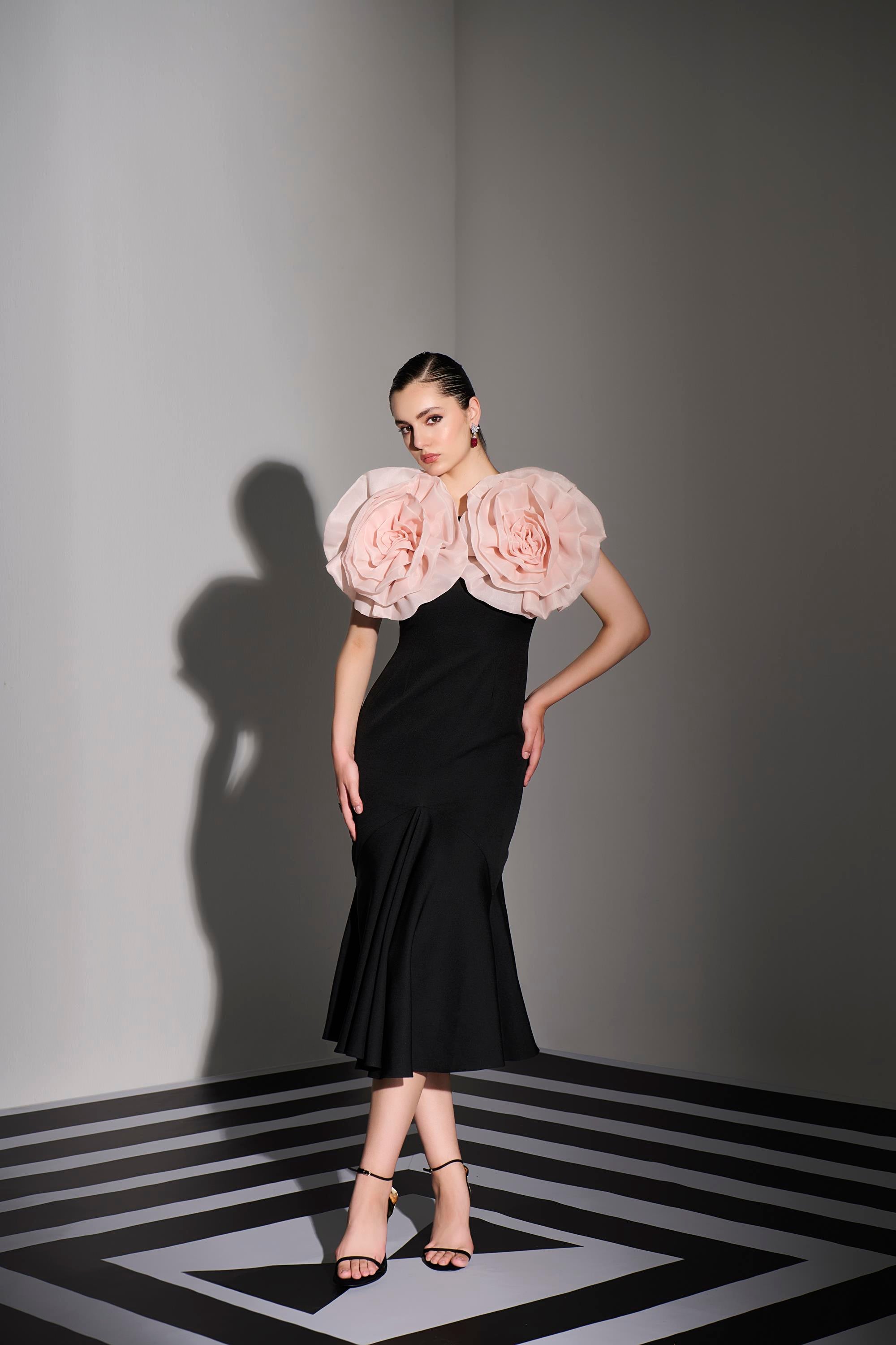 BLACK AND CHAMPAGNE ROSE DRESS