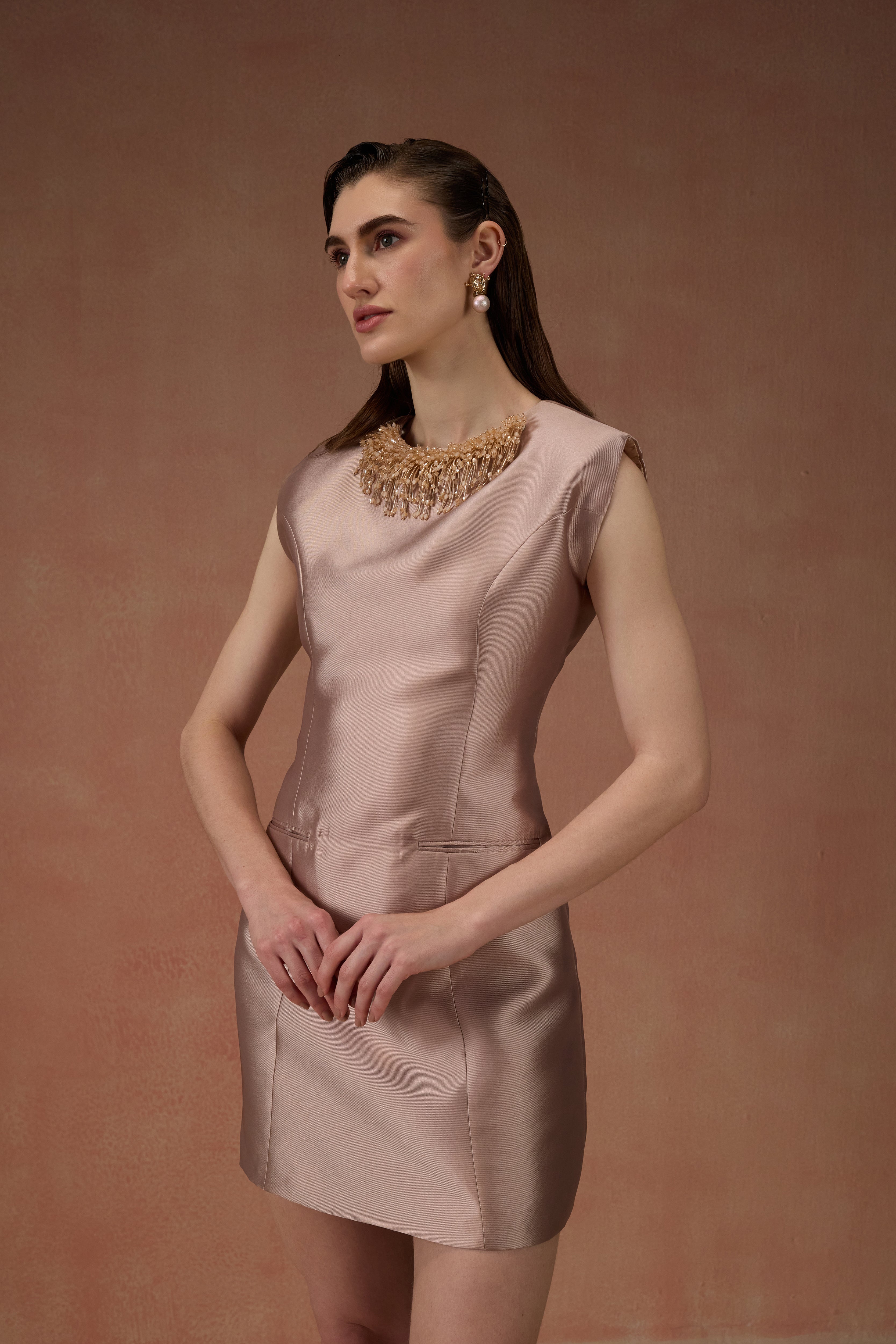 CARAMEL EMBELLISHED MINI DRESS